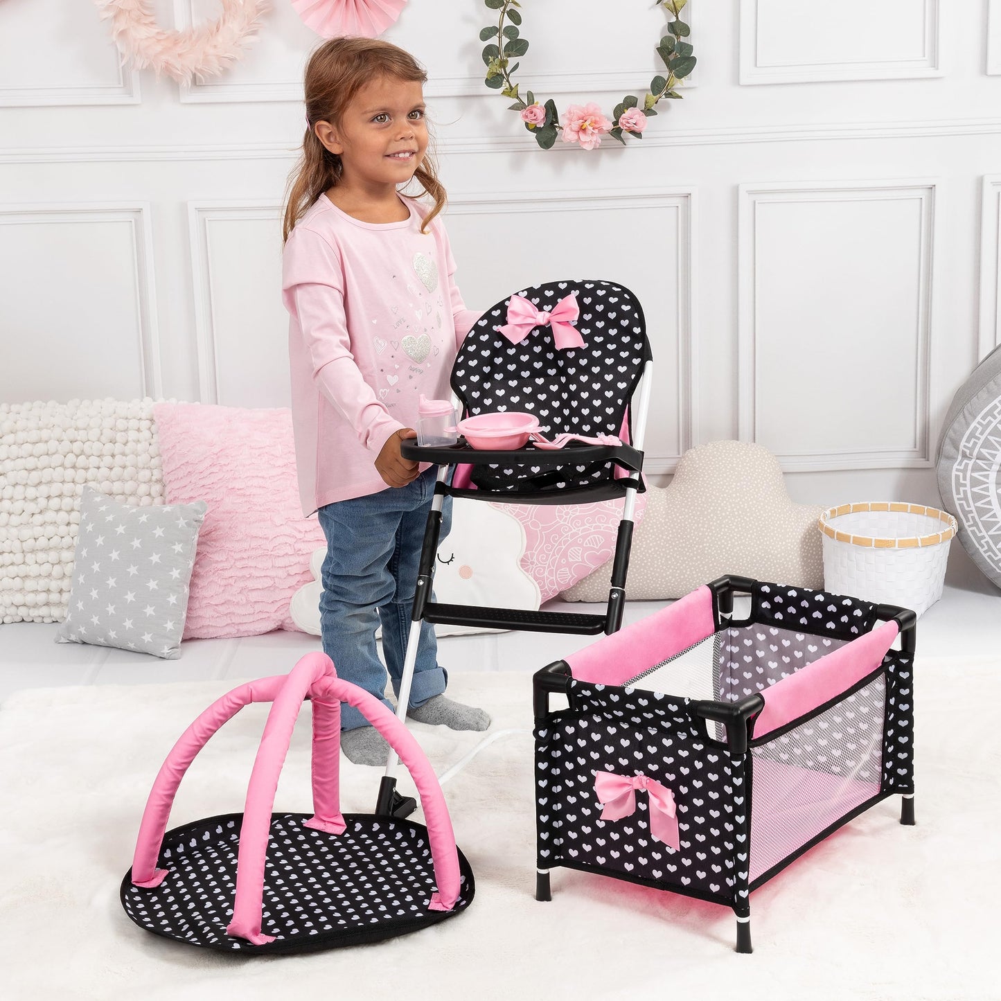Bayer: Travel 9 Piece Set - Black, Pink, Hearts - Bed, Highchair, Playground & Accessories for Dolls Up to 18", Kids Toy, Ages 3+