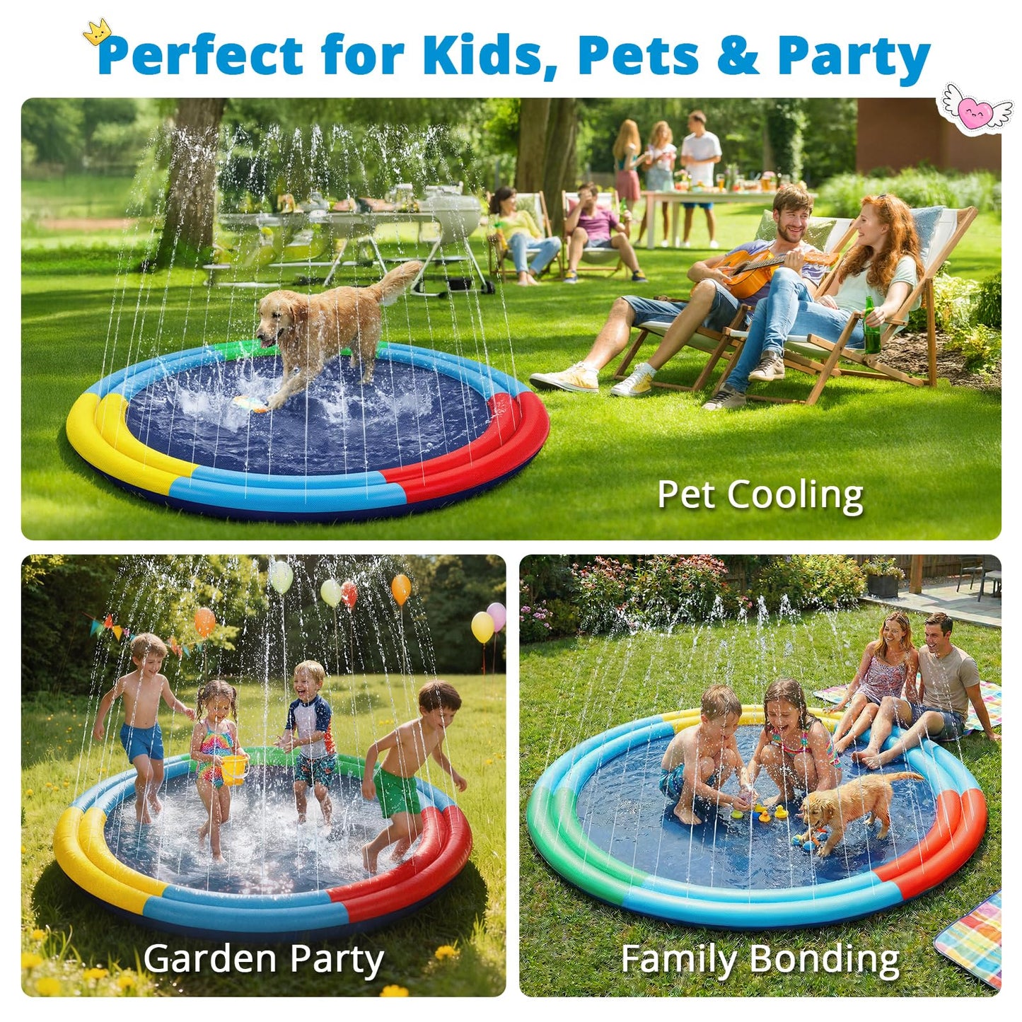 Splash Pad for Kids & Dogs, 78” Sprinkler Splash Pad with Dual Sprayers, Large Non-Slid Splash Mat, 360° Spray Outdoor Water Toys for Backyard, Summer, Gifts for Toddlers, Family, Pets