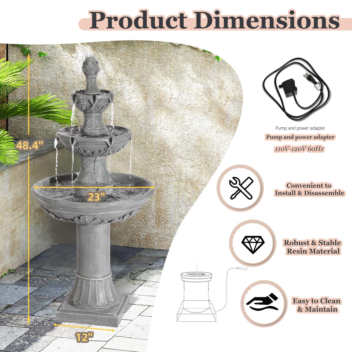 MAGIC UNION Outdoor Garden Water Fountains, 48.4''H Italian Style Fountain and Waterfall Outside, 3-Tier Large Bubbler Cascading Indoor Floor Fountain Features with Pump for Home Yard Decor (Gray)