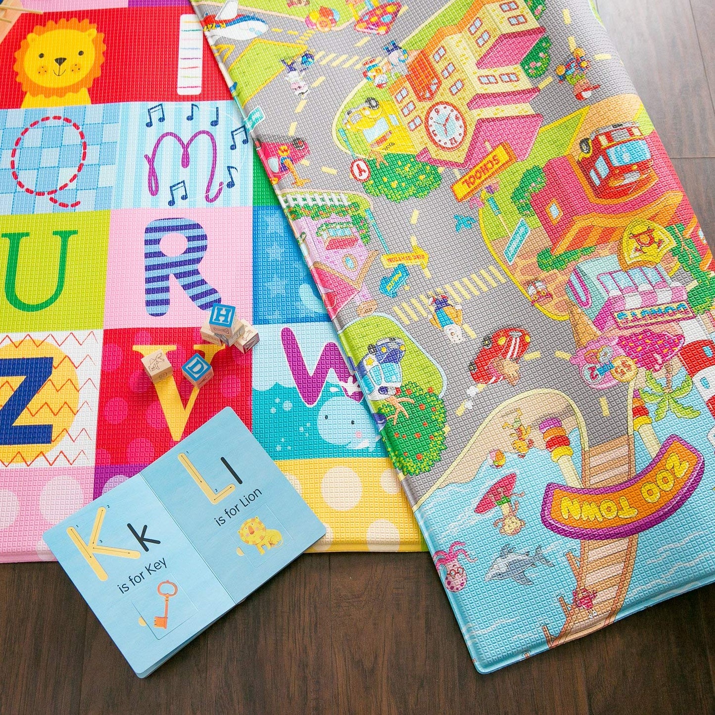 Baby Care Play Mat (Large, Playful - Zoo Town) 82'' x 55'' Original One-Piece Reversible Rollable Waterproof Play Mat for Infants, Babies, Toddler, and Kids