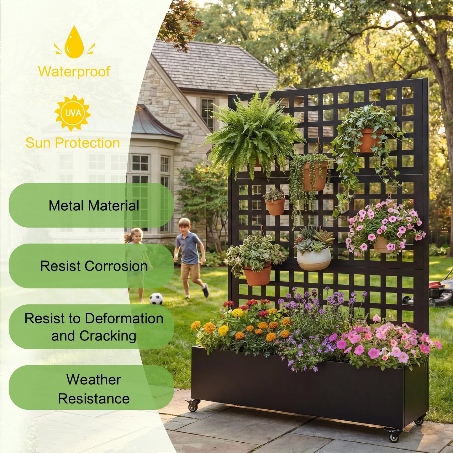 JIJIWANG 73" H Metal Raised Garden Bed with Trellis and Wheels, 73"x47"x16" Planter Box for Climbing Plants, Vegetables & Vines, Features Privacy Screen and Drainage Holes Black