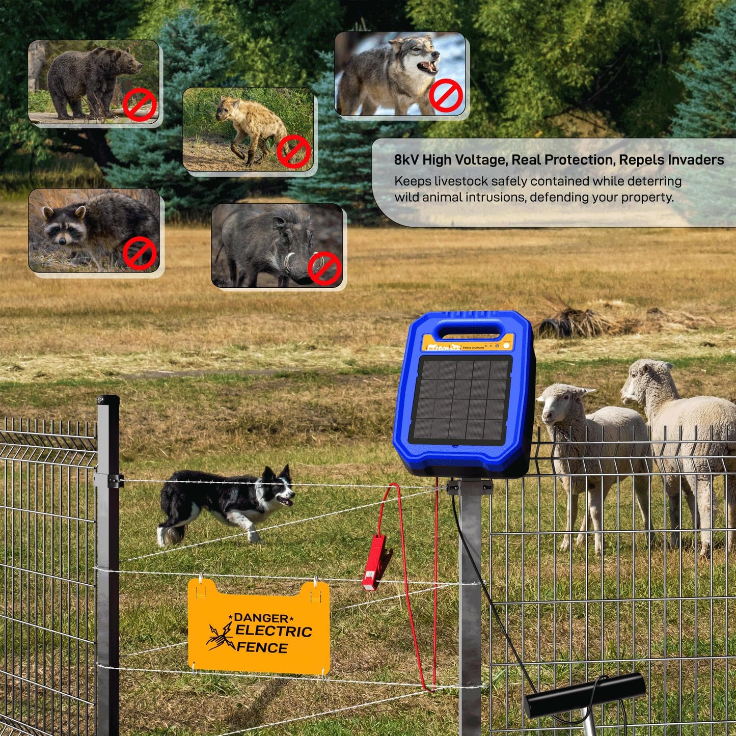 Solar Electric Fence Controller, 0.5J Solar-Powered Electric Fence Charger with Auto Day/Night Mode Ideal for Farms, Backyards, Ranches, and Gardens