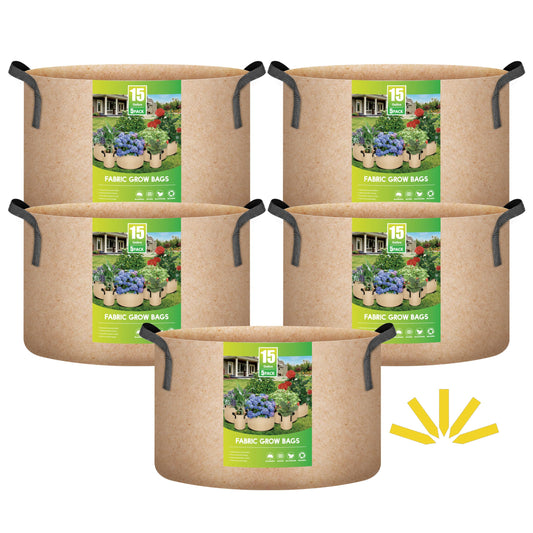 iPower 5 Pack 15 Gallon Tan Grow Bags, Garden Planting Nonwoven Fabric Pots with Reinforced Handle, Heavy Duty and Aeration Planter Pot for Tomato, Fruits, Vegetables and Flowers