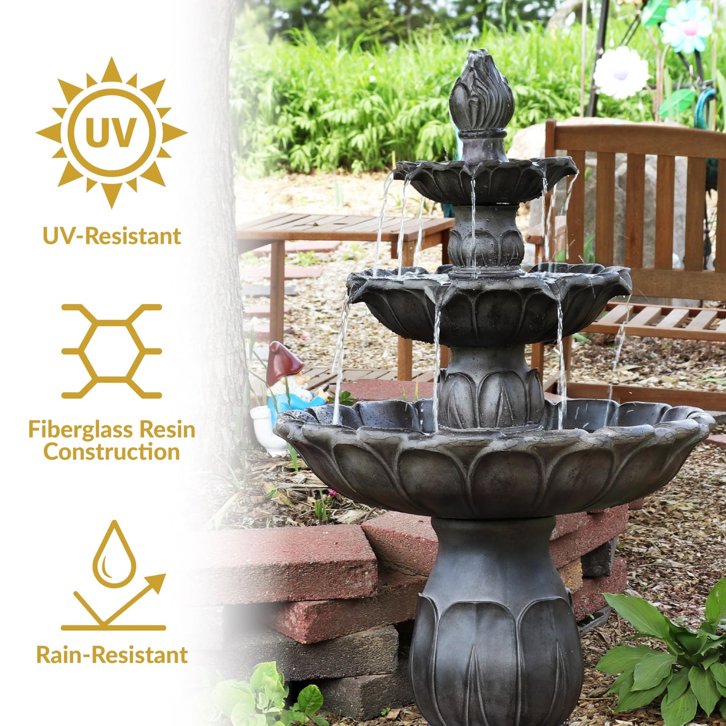 Sunnydaze Classic Tulip 46" Tiered Outdoor Water Fountain - 3-Tiered Outdoor Fountain for Garden, Patio, or Backyard - Dark Brown