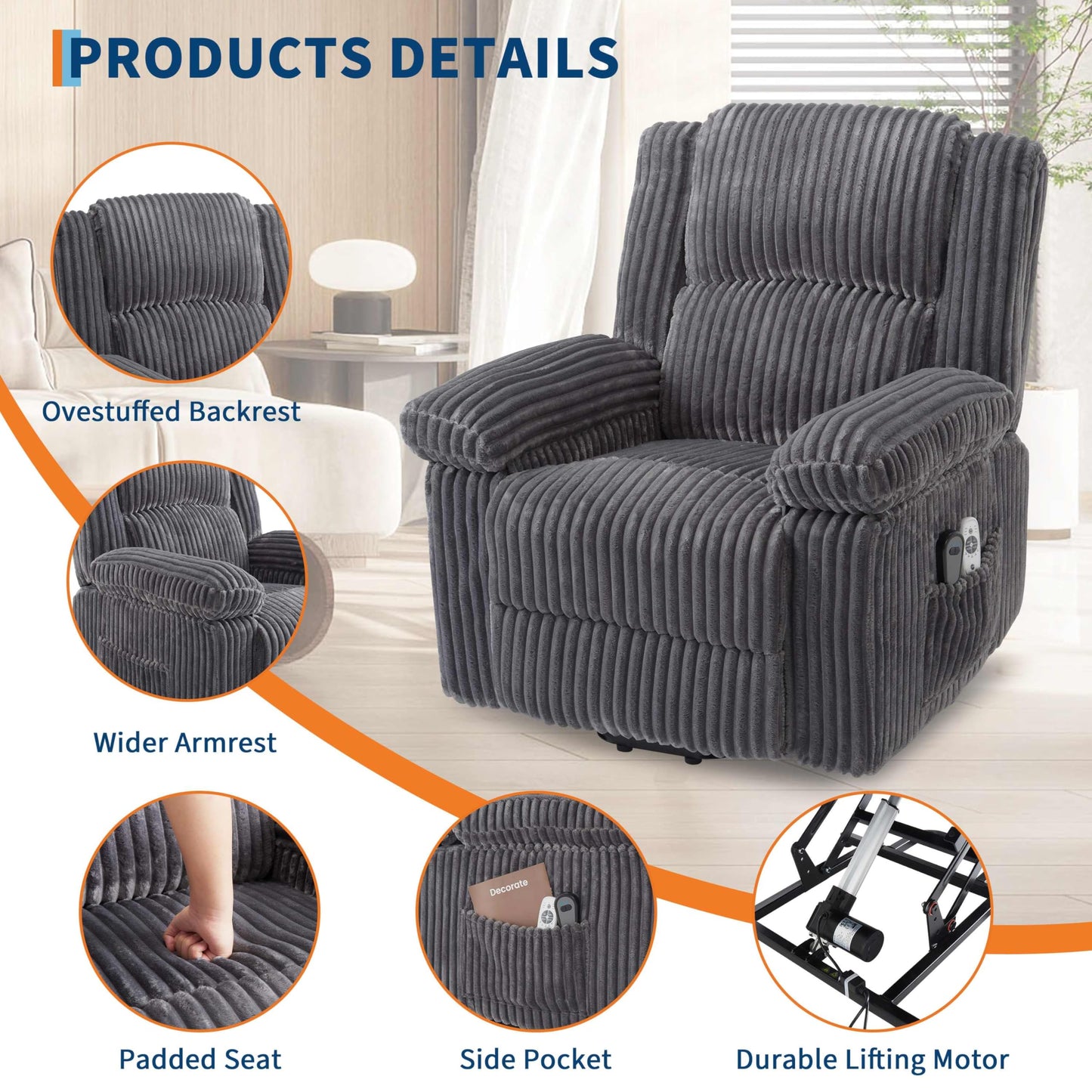 GarveeHome Power Lift Recliner Chair - Heat and Massage, Electric Lift Plush Recliner with Soft Padded Seat, Back Support & Armrests, Designed for The Elderly and People with Mobility impaired