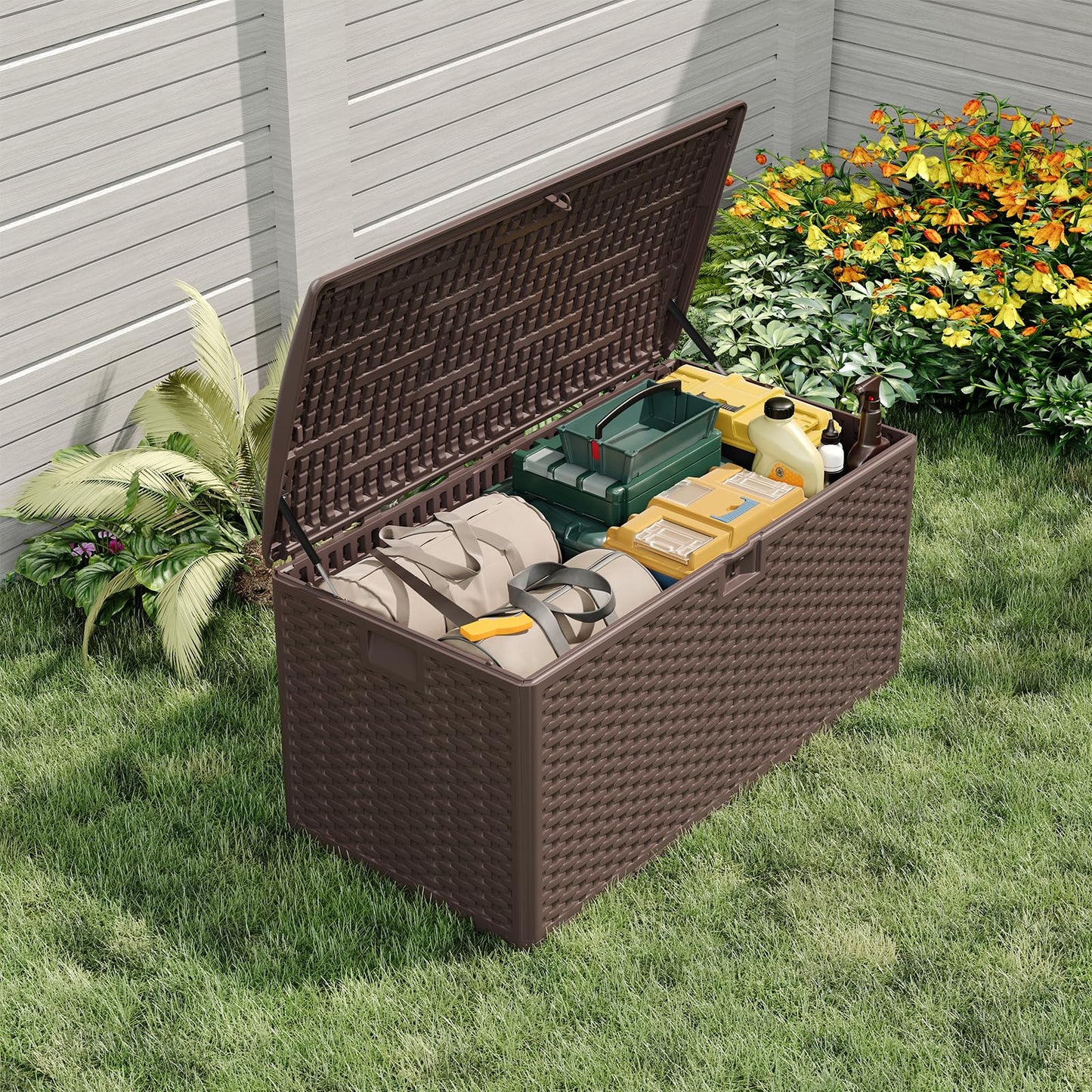PeacefulHues 120 Gallon Waterproof Large Resin Deck Box Indoor Outdoor, Lockable Storage Container for Patio Furniture Cushions, Throw Pillows, Garden Tools, and Pool Floats, Brown