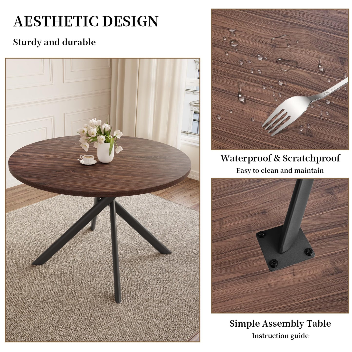 HIPIHOM 45.3 Inch Round Dining Table Set for 4, Mid Century Modern Small Coffee Set for Dining Room Kitchen Apartment (Dark Walnut Table + 4 U-Shaped Brown Chairs)