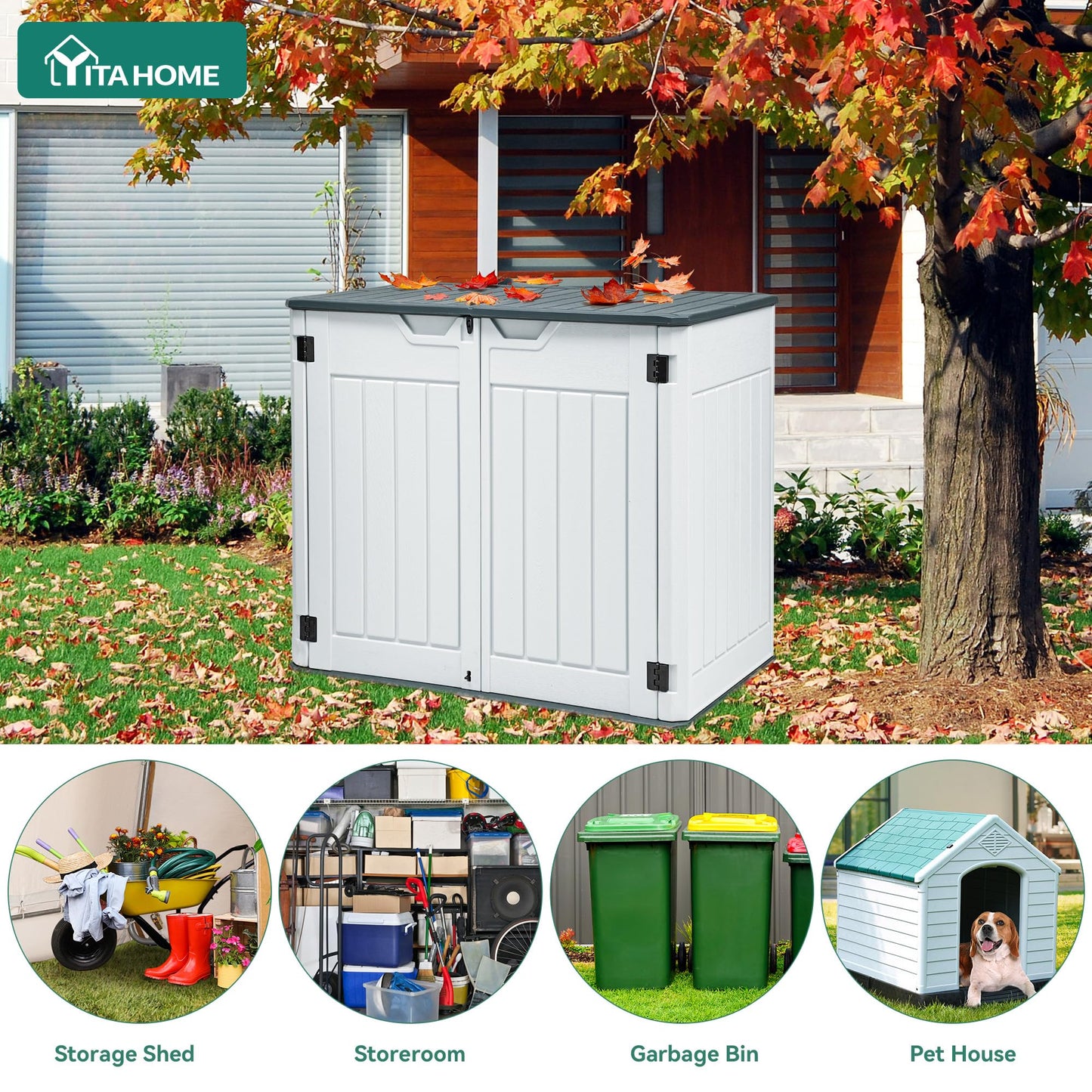YITAHOME Extra Large Outdoor Horizontal Storage Shed, 4.5x4ft Resin Tool Sheds w/o Shelf, Easy to Assemble Waterproof Storage for Trash Cans, Garden Tools, Lawn Mower, Lockable, Light Gray