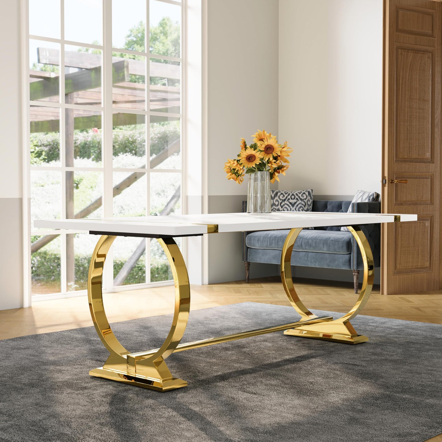 Asday Dining Table Set with 6 Chairs PU Upholstered, 80 Inch White Dining Table Polished Gold U Shape Legs, Modern Rectangle Dinner Table Set for Kitchen