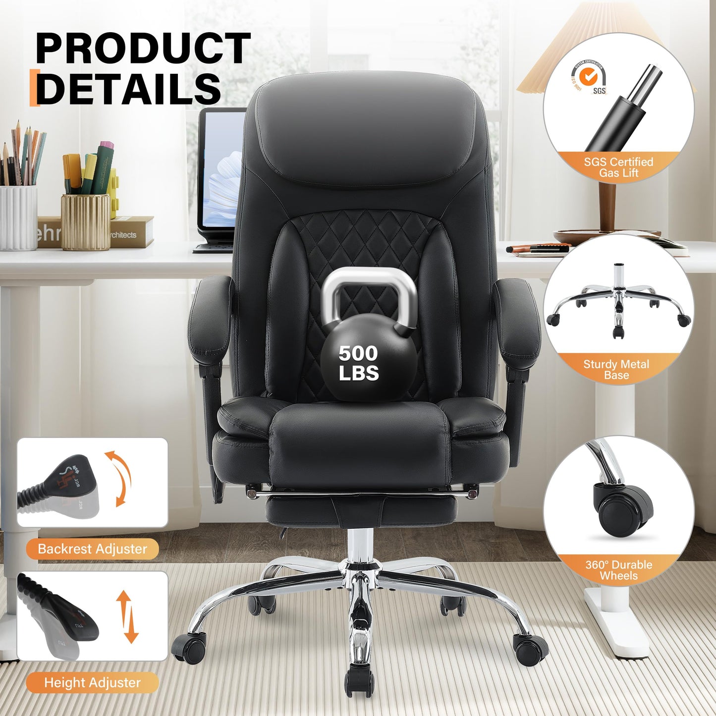 500LBS Massage Office Chair, 6 Points Vibration & Heat Executive Office Chairs, 135°Reclining Comfy Desk Chair with Footrest, Wider & Thicker Seat Cushion, PU Leather Big and Tall Gaming Chair, Black