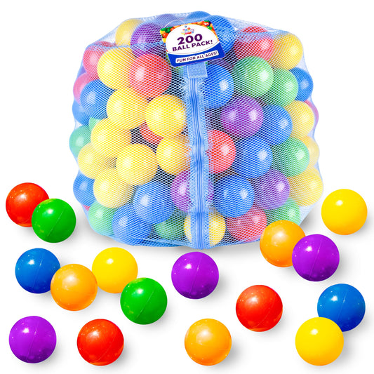 Sunny Days Entertainment 200 Premium Crush-Resistant Play Balls for Ball Pits – Non-Toxic, BPA & Phthalate Free – Vibrant Assorted Colors with Zippered Storage Bag (2.5" Diameter)