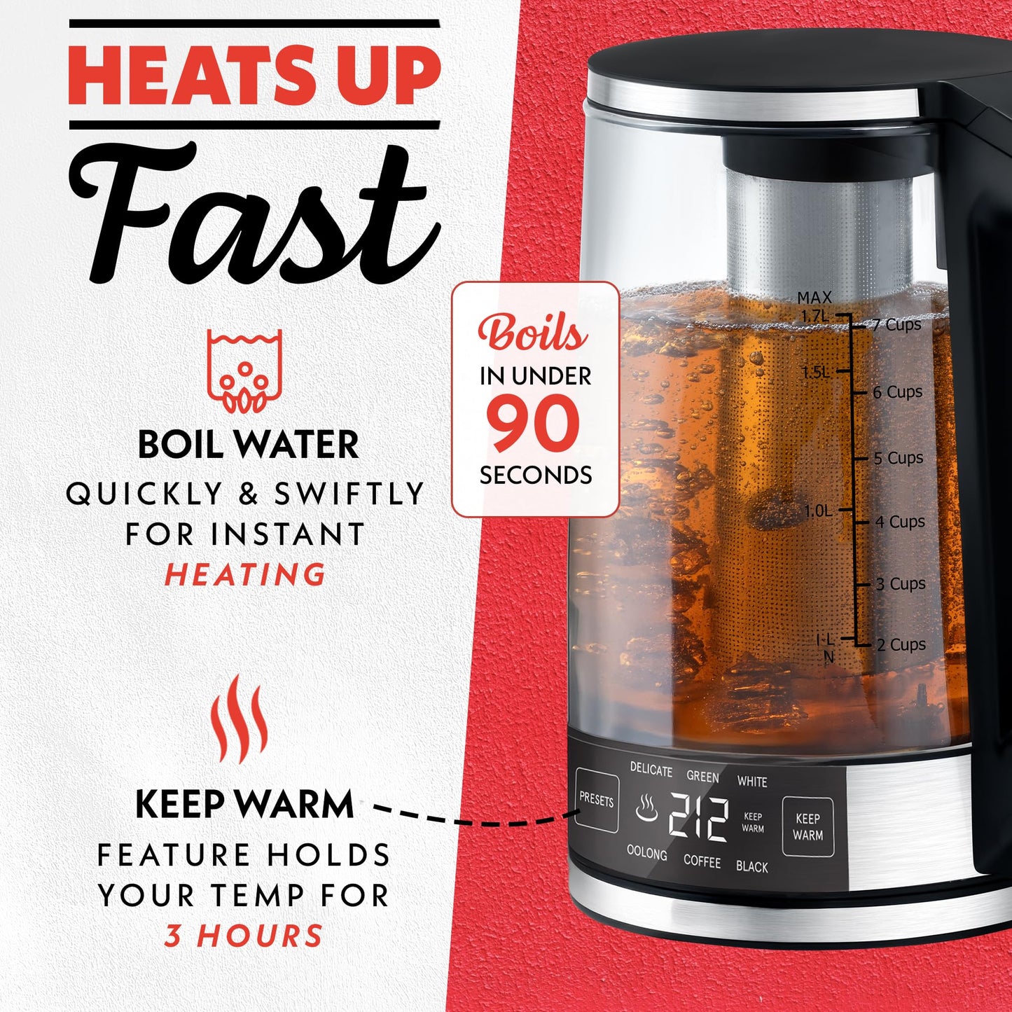 Gourmia Programmable Digital Glass Kettle – 1.7L Adjustable Temperature Electric Kettle with 6 Presets, Keep Warm, Stainless Steel Tea Infuser, 360° Swivel Base, Black