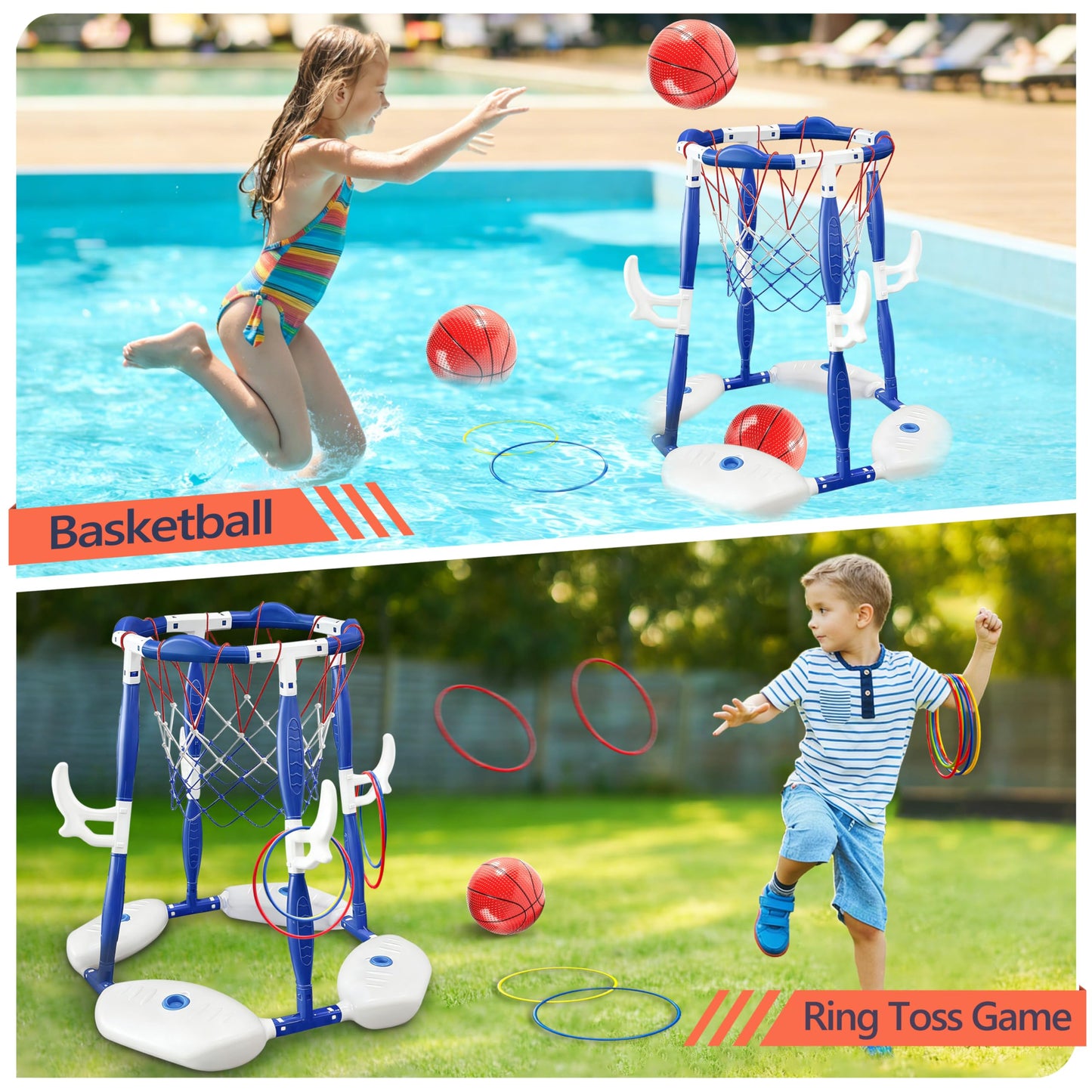 Aerilyo 2 in 1 Pool Basketball Hoop, Pool Toys Swimming Pool Games for Kids Adults Family Party Birthday Games Toys