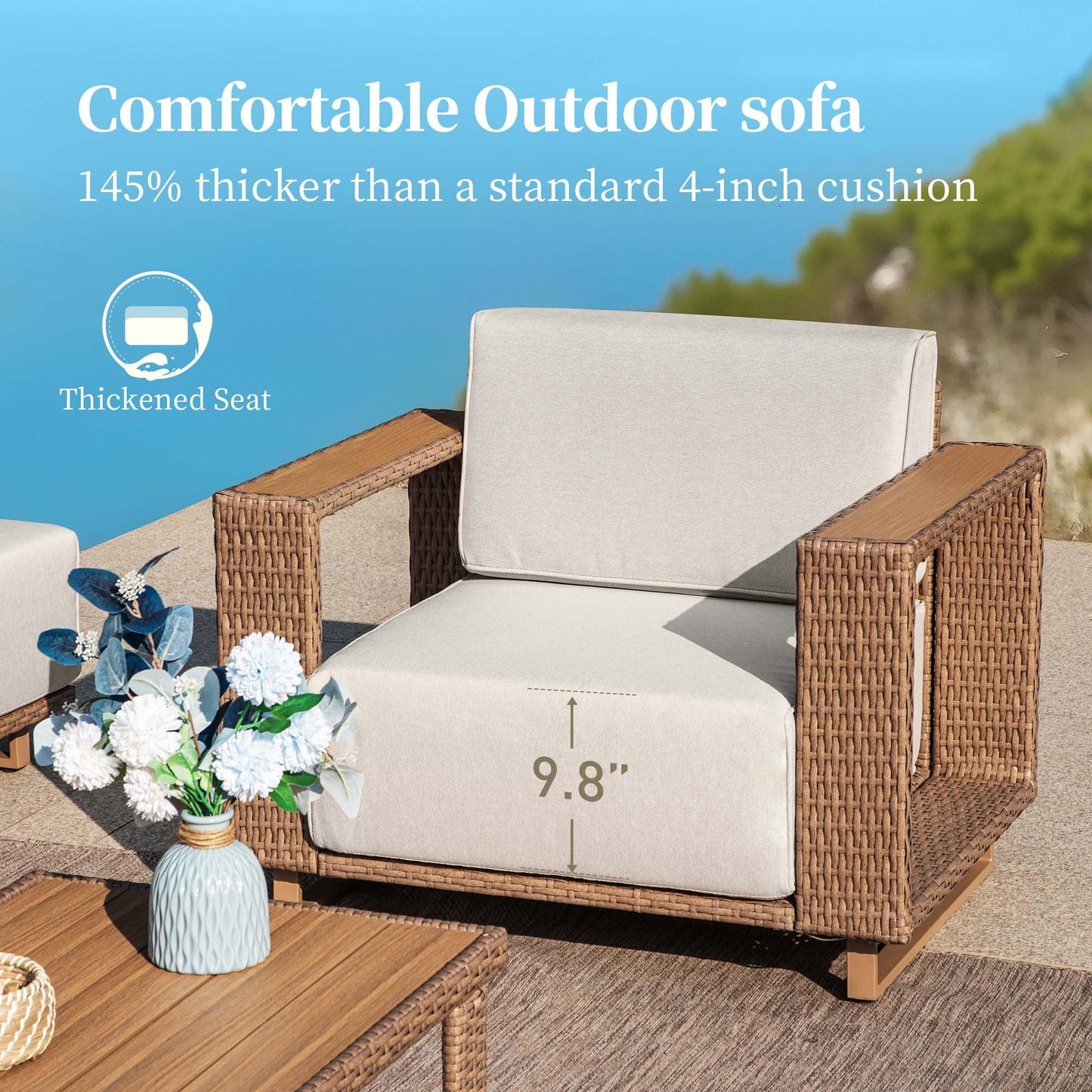 SUNSHINE VALLEY 2 Pieces Patio Furniture Set,Outdoor Rattan Wicker Armchirs and Ottomans with 10''Ultra-Thick Cushions,All Weather Patio Conversation Set for Lawn Garden Backyard,Beige