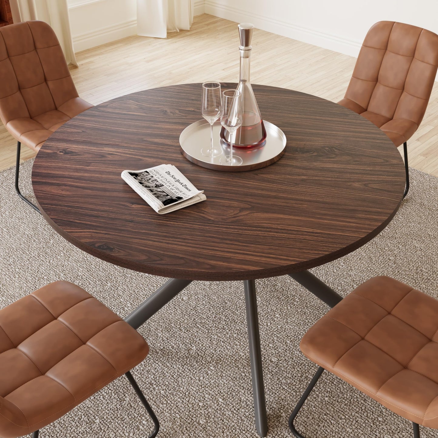 HIPIHOM 45.3 Inch Round Dining Table Set for 4, Mid Century Modern Small Coffee Set for Dining Room Kitchen Apartment (Dark Walnut Table + 4 U-Shaped Brown Chairs)
