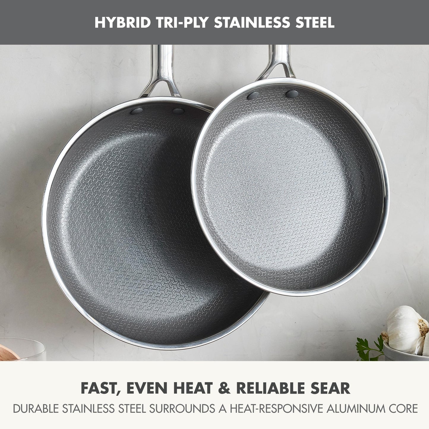 GreenPan Hybrid 9.5” & 11” Nonstick Stainless Steel Frying Pan Set, APEX Tri-Ply Thermobond PFAS-Free Ceramic Skillets, Induction & All Cooktop Compatible, Oven Temp to 850°F, Dishwasher Safe, Silver