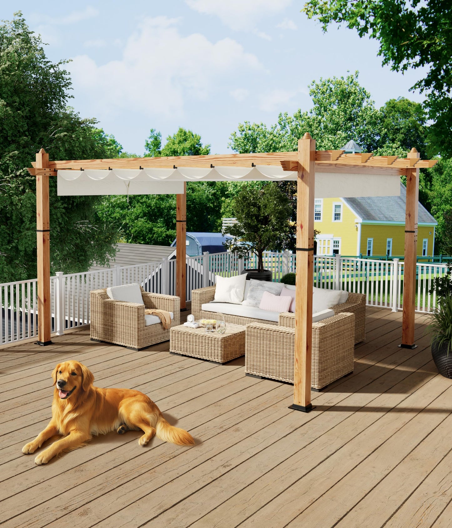 GarveeLife 10 x 13 ft Wood-Grain Aluminum Pergola Outdoor Pergola with Retractable Canopy Sun Shade Shelter for Garden Patio Backyard Deck - Beige