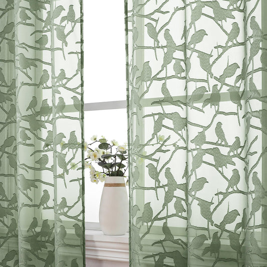 OVZME Sage Green Sheer Curtains 63 Inch Length 2 Panel Set, Light Filtering Bedroom Curtains with Dual Rod Pocket Top, Leaf Bird Clip Jacquard Sheer Farmhouse Window Drapes for Living Room, 2x38Wx63L