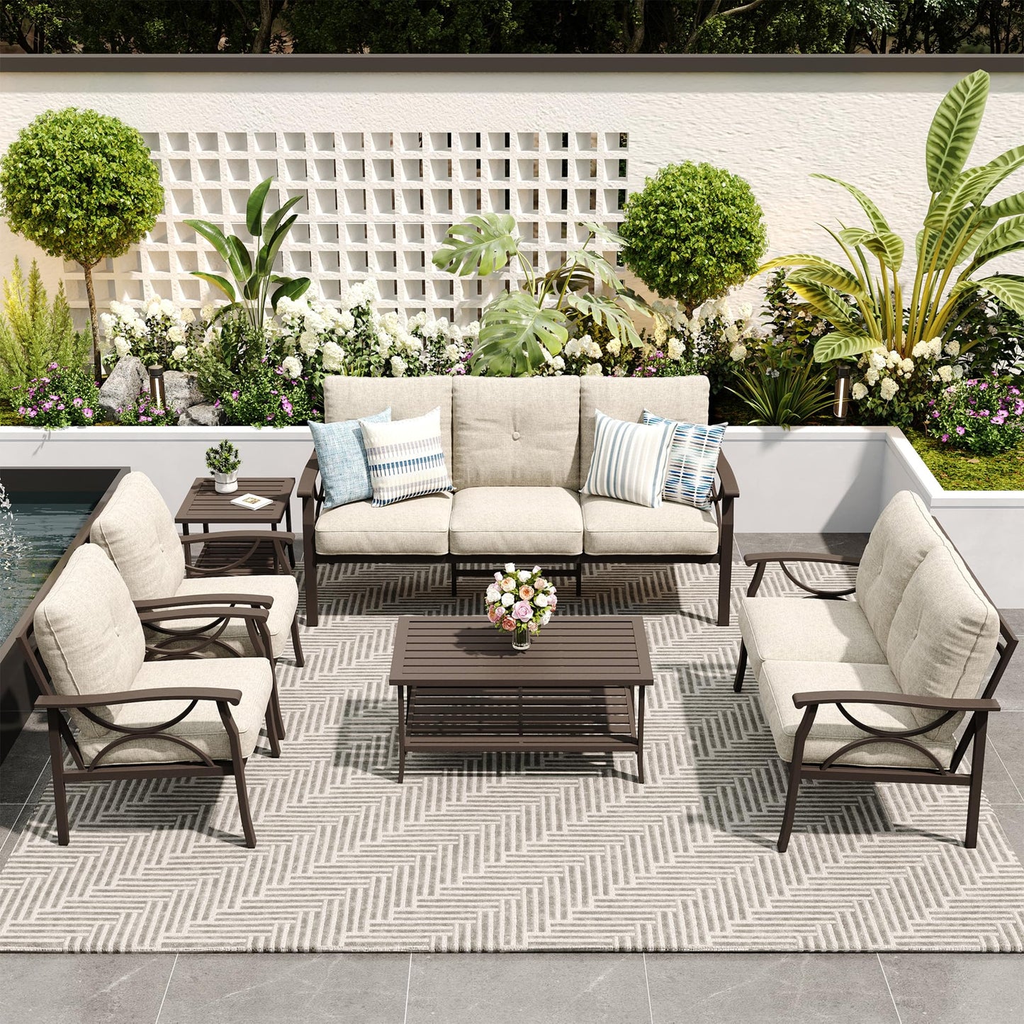 FansaFurn 6-Piece Outdoor Patio Furniture Set, Outdoor Metal Sectional Furniture with Cushions, Outdoor Conversation Seating Set with Side Table for Deck, Backyard, Garden, Balcony, Khaki