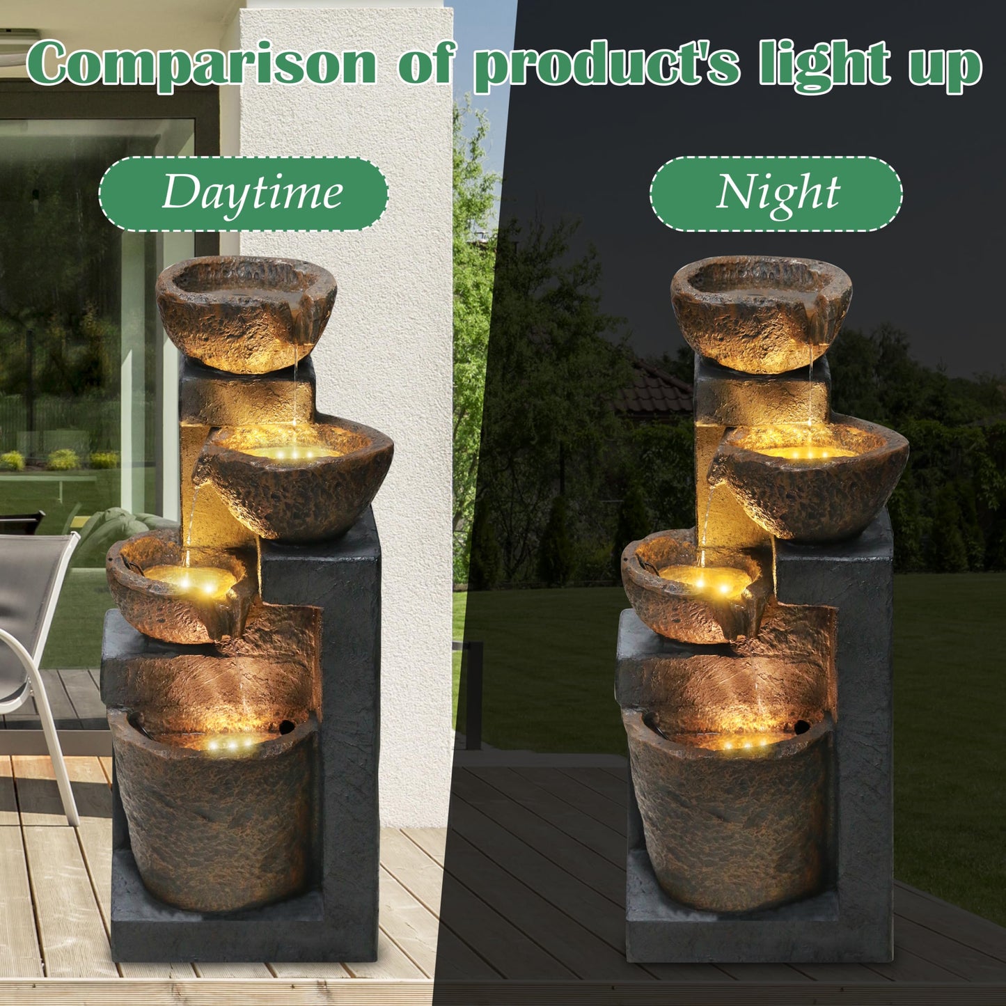 Goldshire 4-Tiers Cascading Bowls Outdoor Water Fountain with LED Light, Standing Cascading Water Feature, Faux Stacked Stones Waterfalls Fountains Decor for Garden Patio Yard and Lawn (Beige)