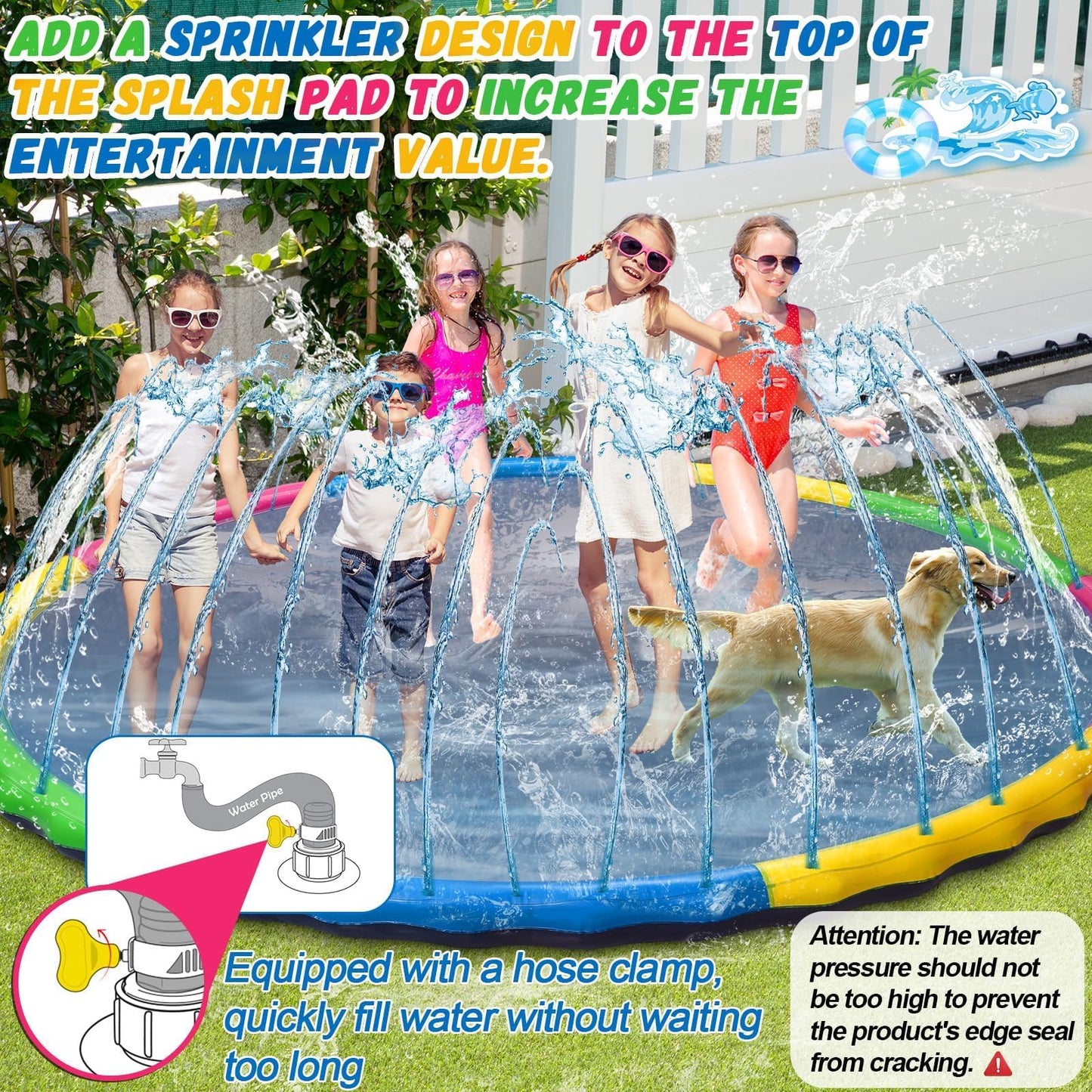 12 ft Giant Inflatable Splash Pad Extra Large 144" 2025 Update Non Slip Pad for Adults Large Dogs Pets Giant Thicken Sprinkler Pool Summer Outdoor Fun Backyard Fountain Play Mat (Cute Style)