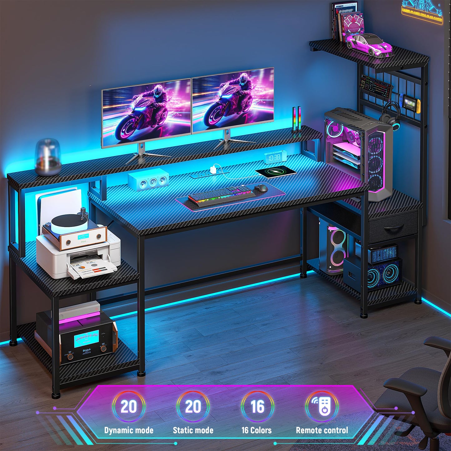 DurayLoly 55" Gaming Desk with LED Lights & Outlets,Computer Desk with Drawers & Monitor Stand,Gaming Table with Storage Shelves & Printer Space for Game Room,Study Room,Home Office,Bedroom,Black