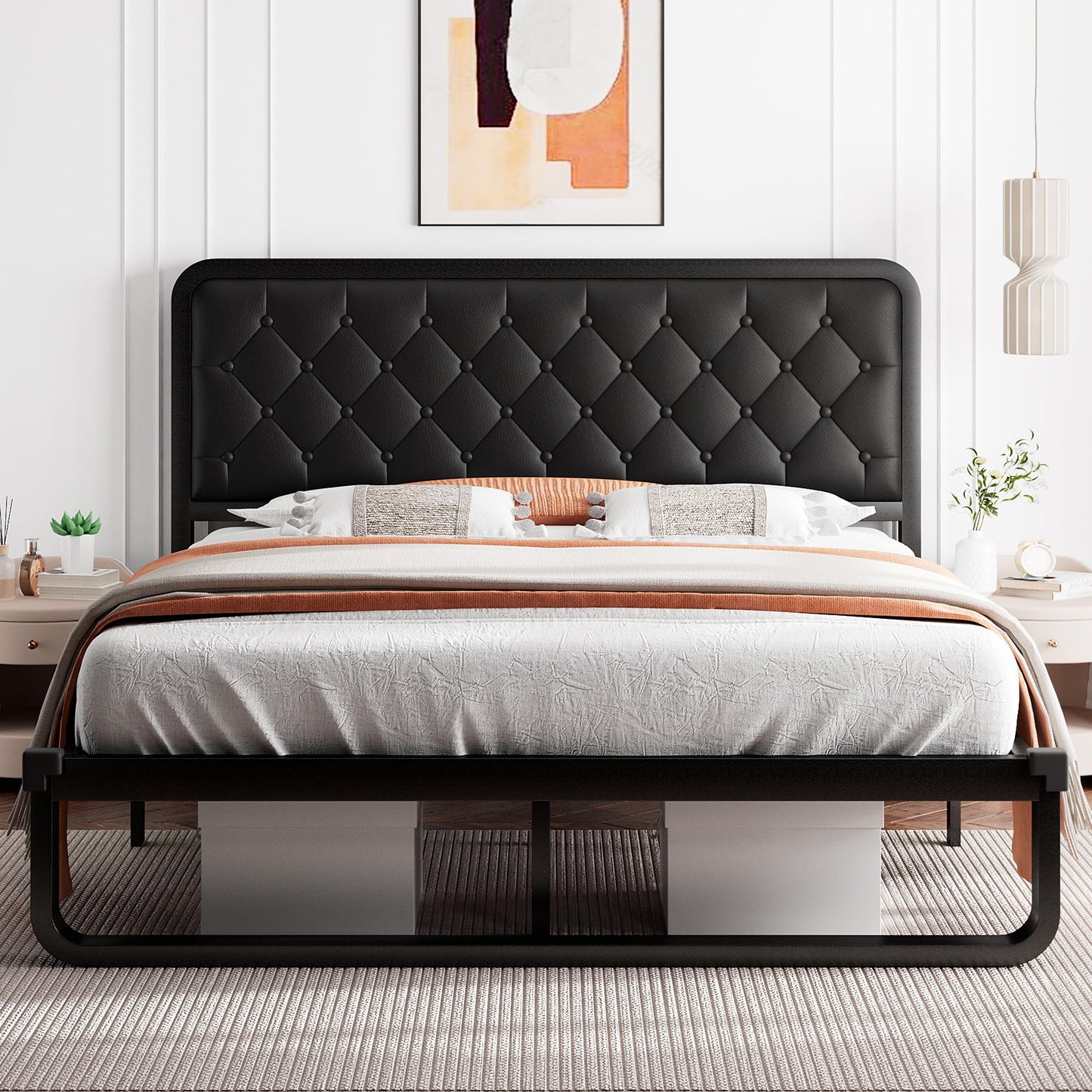 iPormis Queen Bed Frame with Headboard Faux Leather Upholstered Bed Frame Platform, All Metal Slats Support Platform Bed Frame with 12" Under Bed Space, Noise Free, No Box Spring Needed, Black