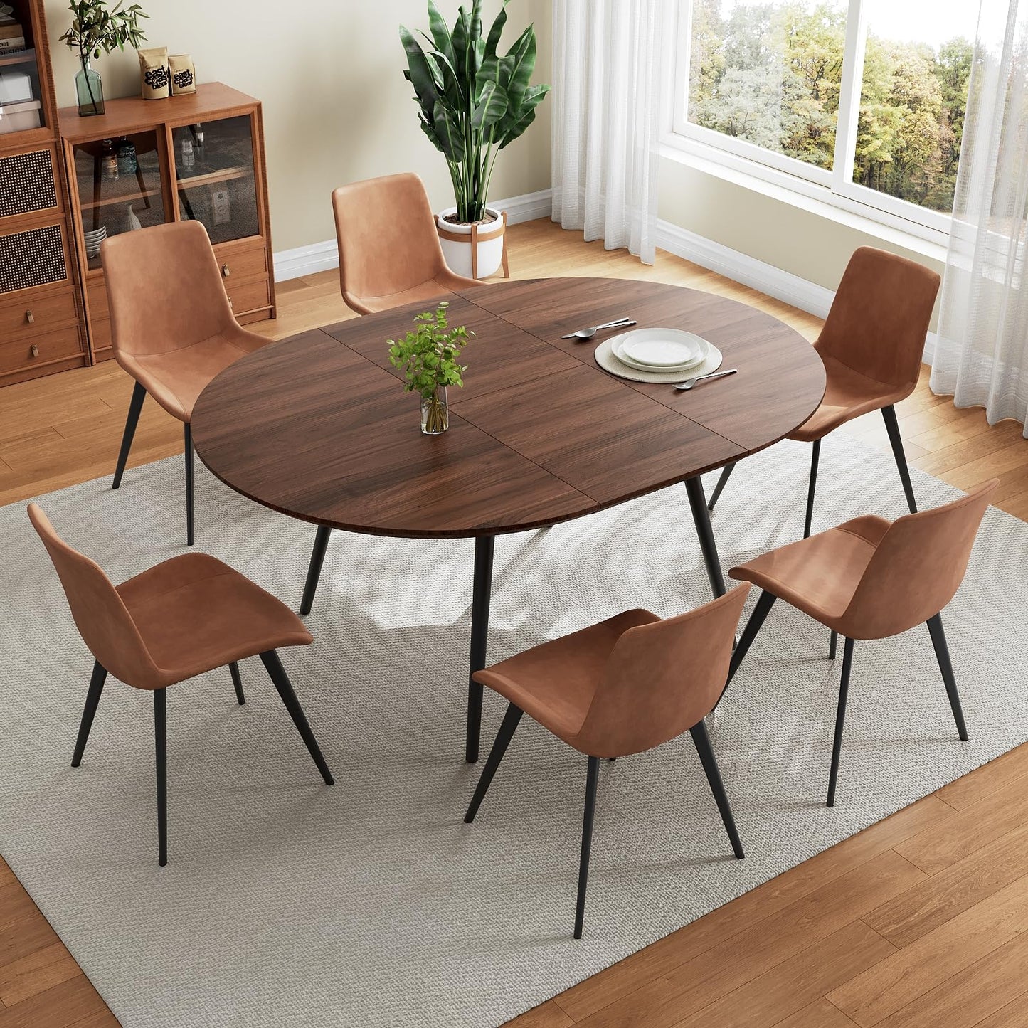 HIPIHOM 43.3"-59.1" Extendable Round Dining Table Set for 6, Mid Century Modern Wooden Round Table, Leisure Coffee Table,w/ 6 PU Leather Chairs