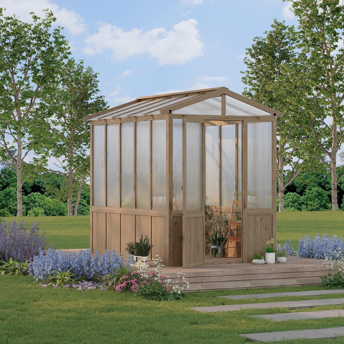 6x8FT Wooden Greenhouses for Outdoors, Wooden Walk-in Green House with Cedar Frame, Greenhouse Kit with 6MM Thick Polycarbonate Panel
