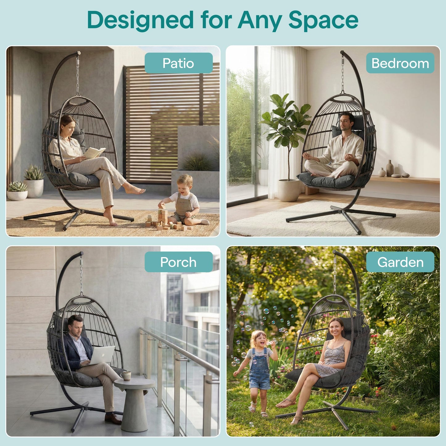 SereneLife Hanging Egg Chair with Stand - Wicker Rattan Outdoor Swing Chair, Powder-Coated Steel Frame, Padded Cushion & Headrest - Ideal Swinging Chair for Bedroom, Patio, Backyard - 350 lbs Load