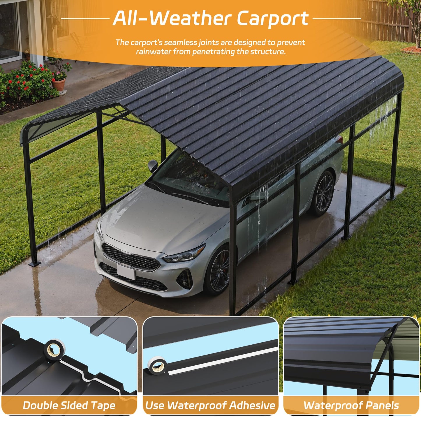 Patiowell 10'x15' Metal Carport, Heavy Duty Carport Canopy with Reinforced Frame and Galvanized Steel Roof, All-Weather Outdoor Car Shelter for Car, Truck, Boat and Tractor, Black