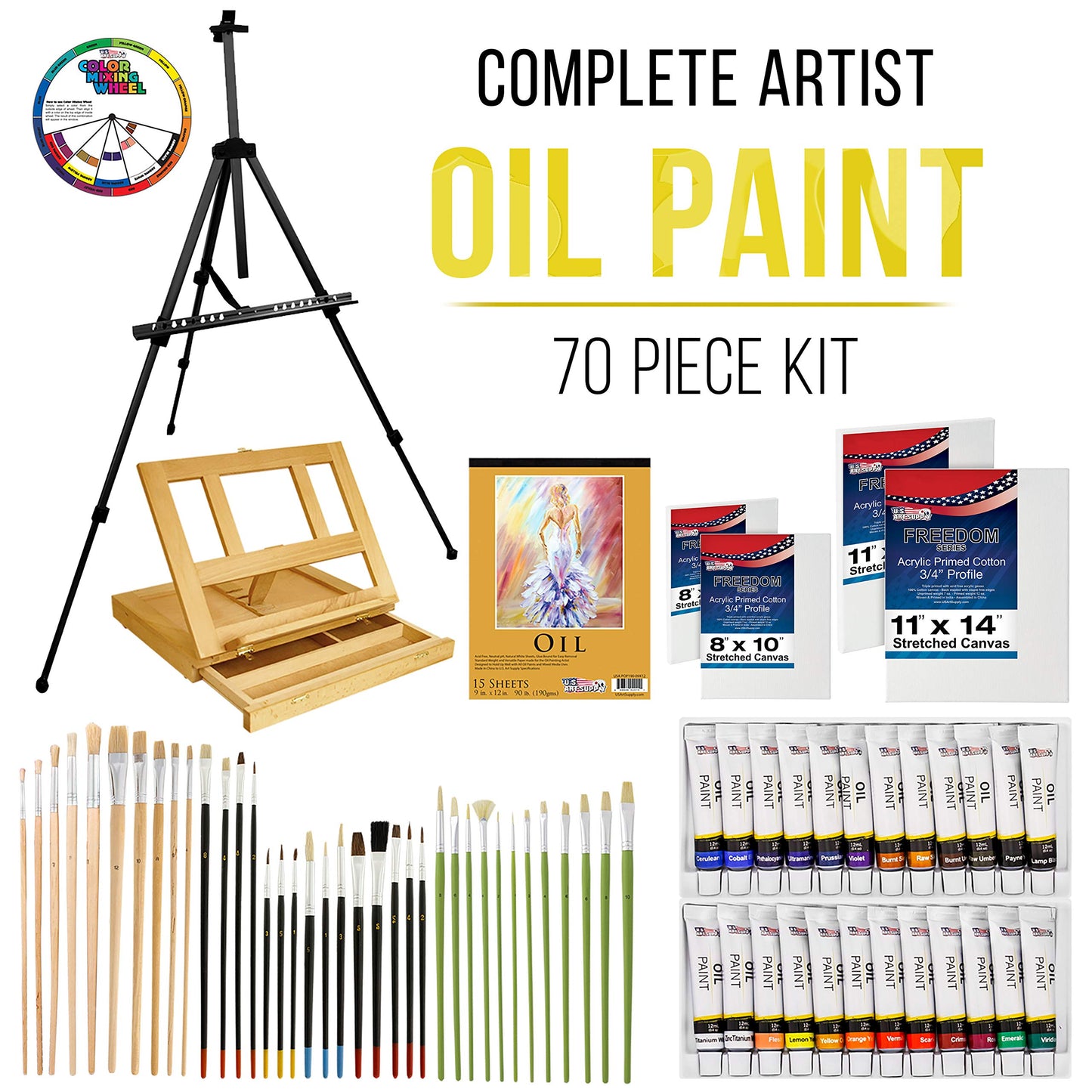 U.S. Art Supply 70-Piece Artist Oil Painting Set with Aluminum Field Easel, Wood Table Easel, 24 Oil Paint Colors, 37 Brushes, 2 Stretched Canvases, 6 Canvas Panels, Painting Pad, Palette & More