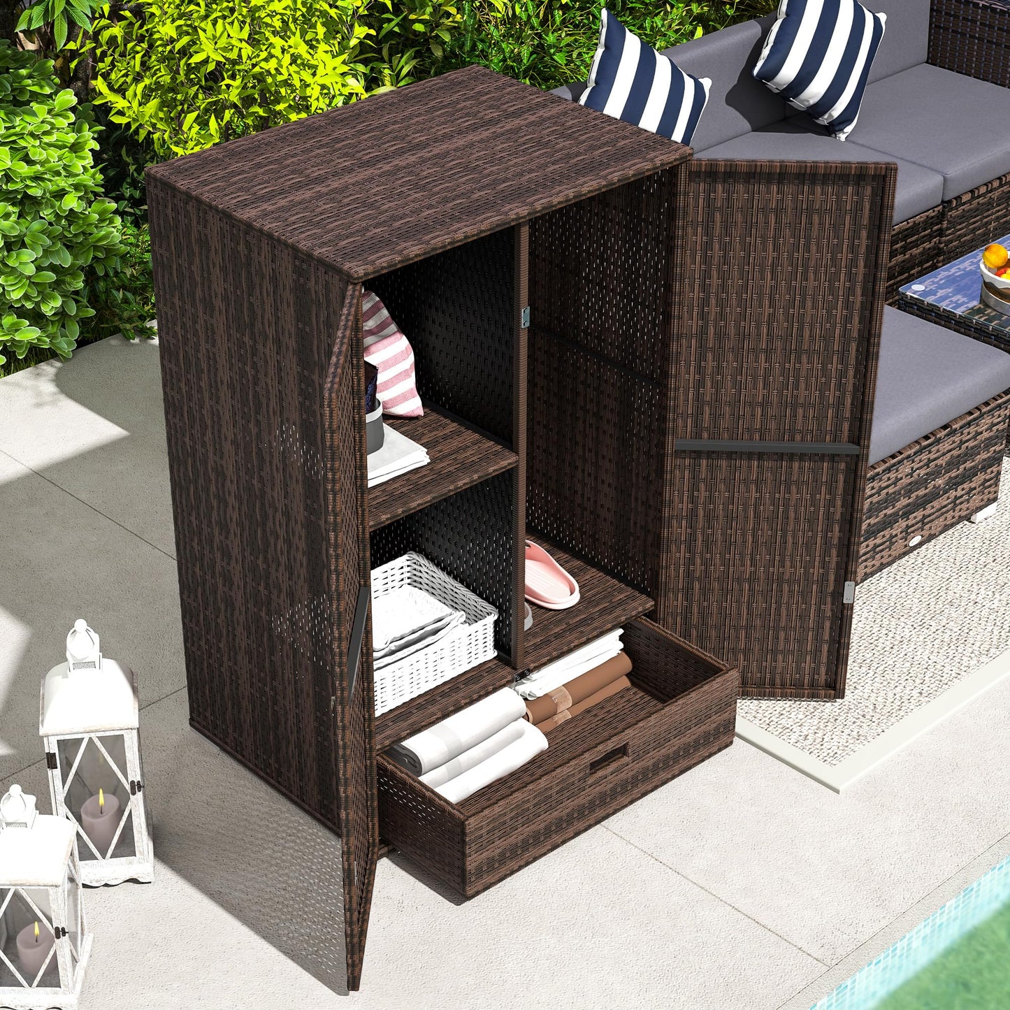 Outsunny Wicker Outdoor Storage Cabinet with Shelves, 2-Door Rattan Pool Towel Storage Cabinet with Removable Shelf & Drawer, Outdoor Towel Holder for Garden, Backyard, Porch, Mixed Brown