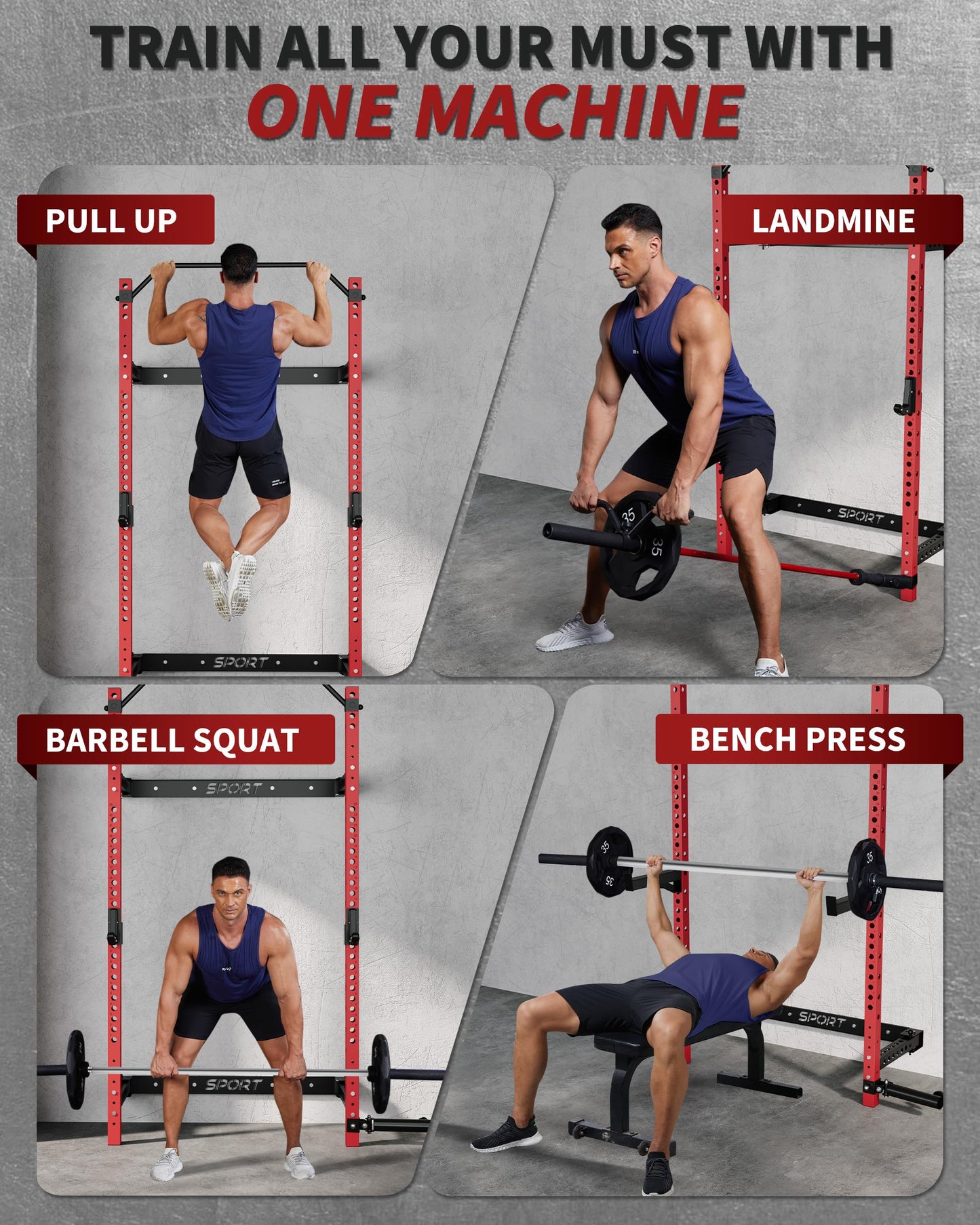 Folding Squat Rack for Home Gym, 1000 LB Capacity Wall Mounted Power Rack with Pull Up Bar, J Hooks and More Attachments, 2.36" x 2.36" Space Saving Multifunction Power Cage, Black/Red