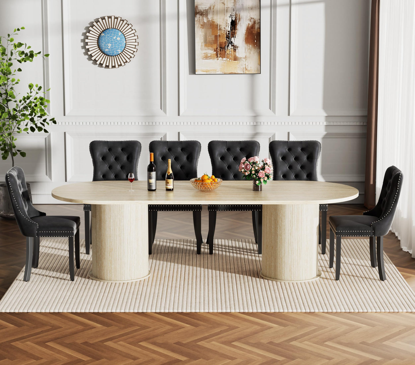 11 Piece Extendable Dining Table Set with 10 Black Upholstered Chairs, 63"-95" Faux Mars Oval Kitchen Table Set with Storage for 10, Space-Saving Expandable Dining Room Table Set with Wood Fluted Base