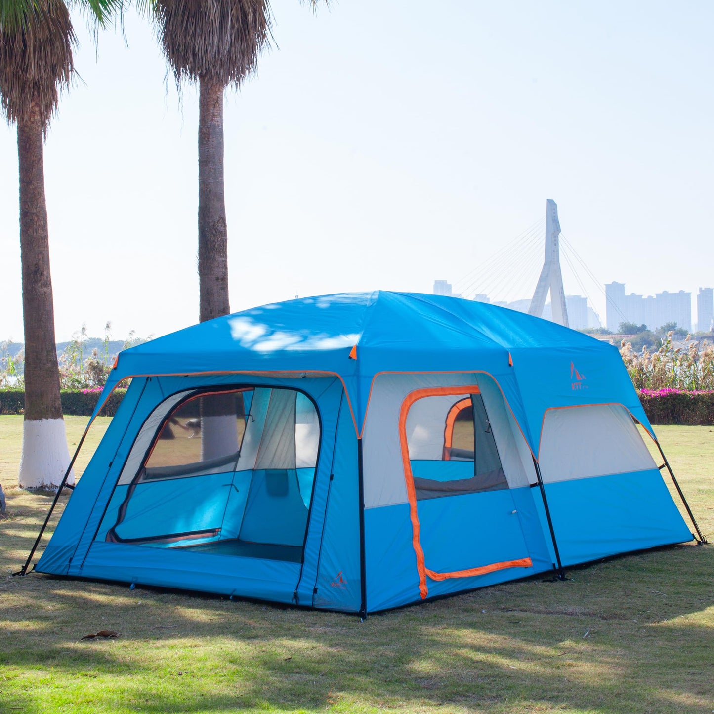 KTT Extra Large Tent 12 Person,Family Cabin Tents,2 Rooms,3 Doors and 3 Windows with Mesh,Straight Wall,Waterproof,Double Layer,Big Tent for Outdoor,Picnic,Camping,Family Gathering(Blue)