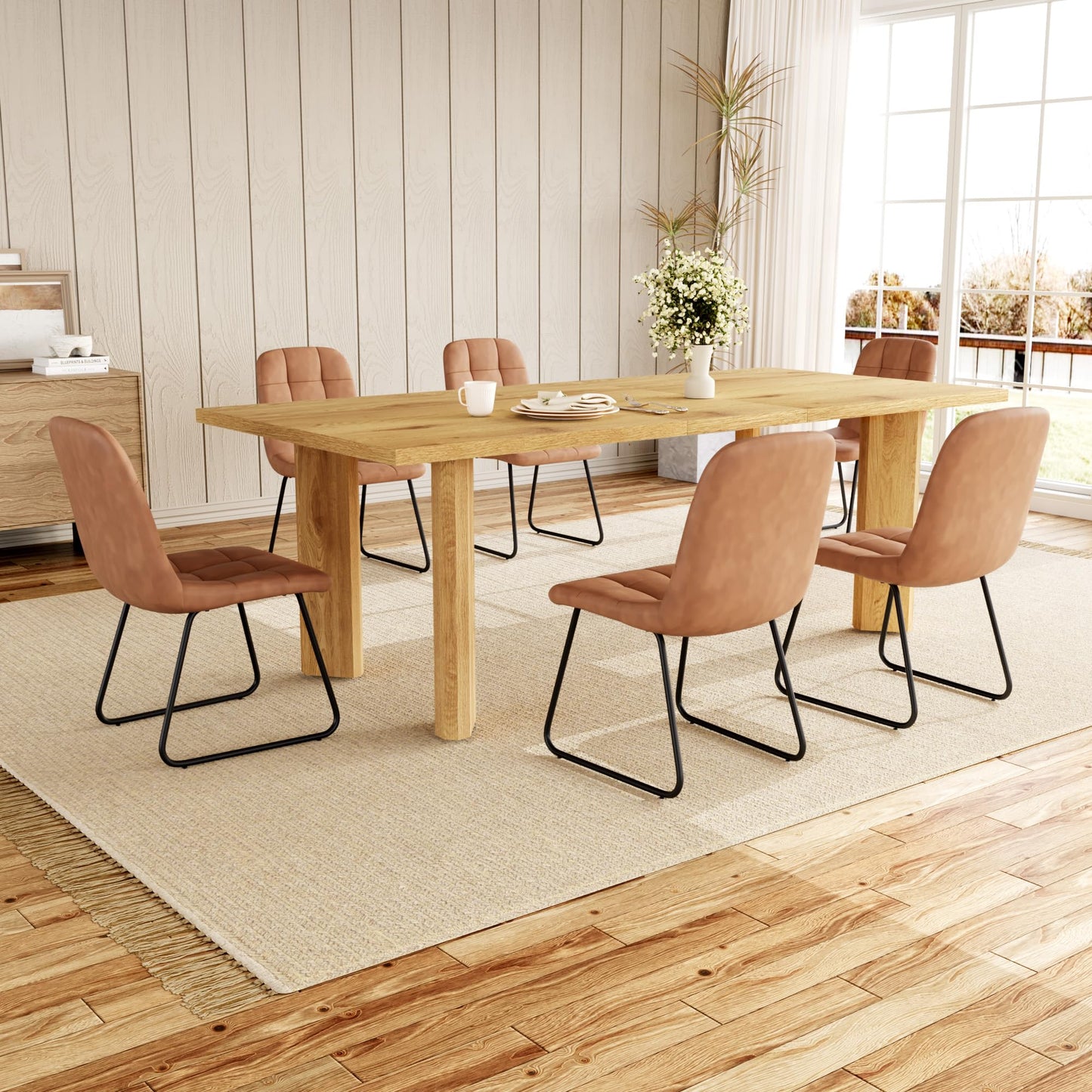 HIPIHOM Extendable Dining Table for 6-8 People, 63 to 78.7 Inch Rectangular MDF Table, Farmhouse Rustic Style, Space-Saving Design for Dining Room, Kitchen, Meeting