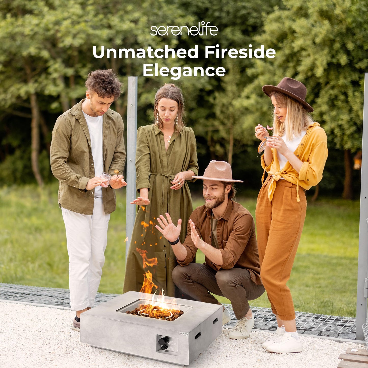 SereneLife Propane Gas Fire Pit Table 40000 BTU Square Outdoor Firepit with Protective Cover, Durable Metal Construction, and Stylish Design for Patio or Backyard