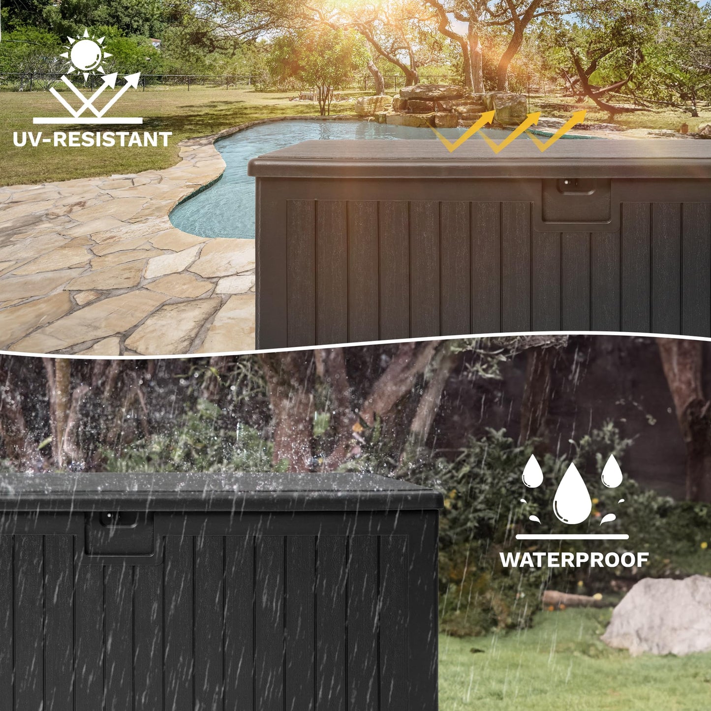 DWVO 230 Gallon Resin Outdoor Storage Box, XXL Double-Wall Waterproof Deck Box with Divider, Doubles as Table or Seating with 1000 lbs Capacity, Lockable (Black)