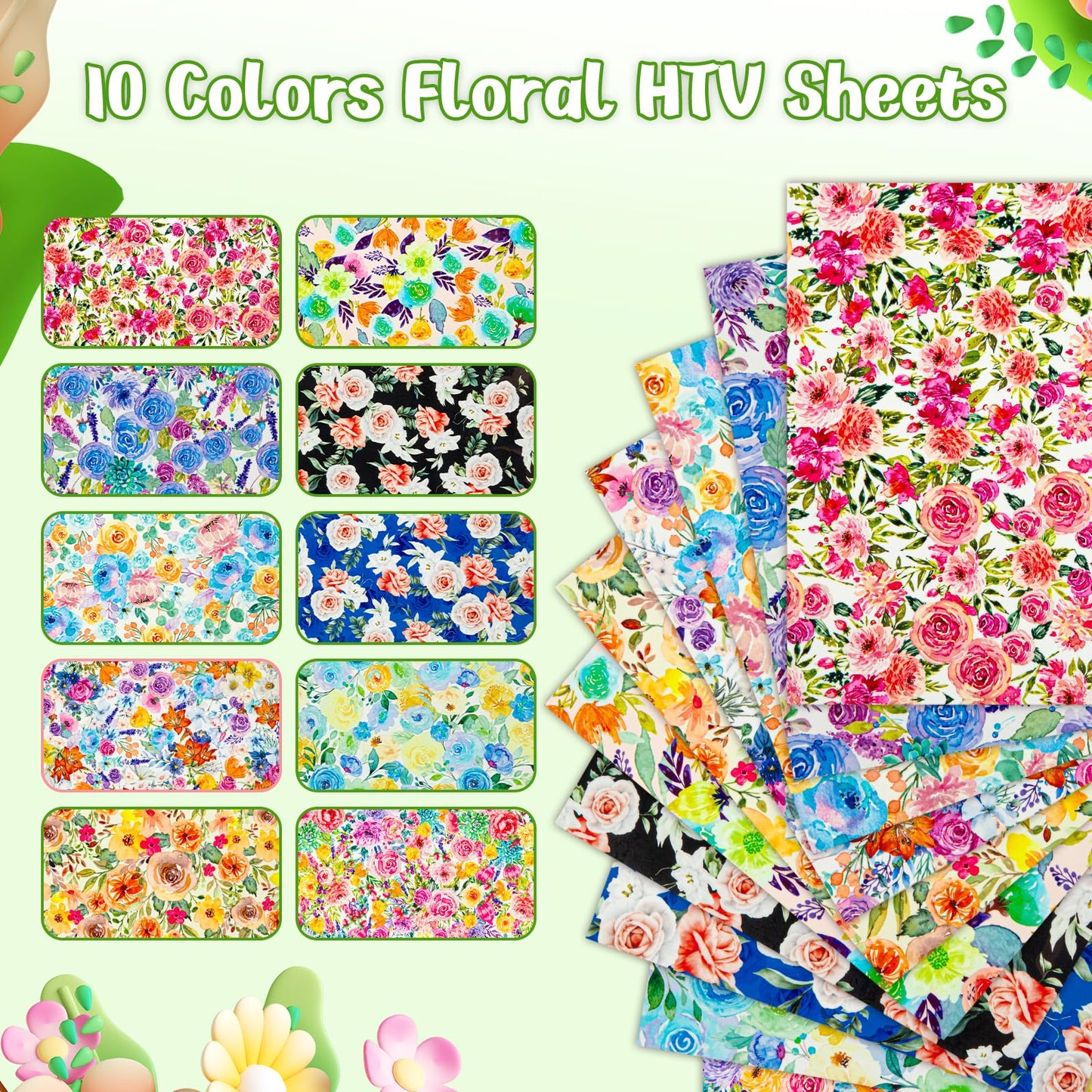 HTVRONT 15x15 Automatic Heat Press Machine & 10 Sheets 12"x10" Floral Heat Transfer Vinyl