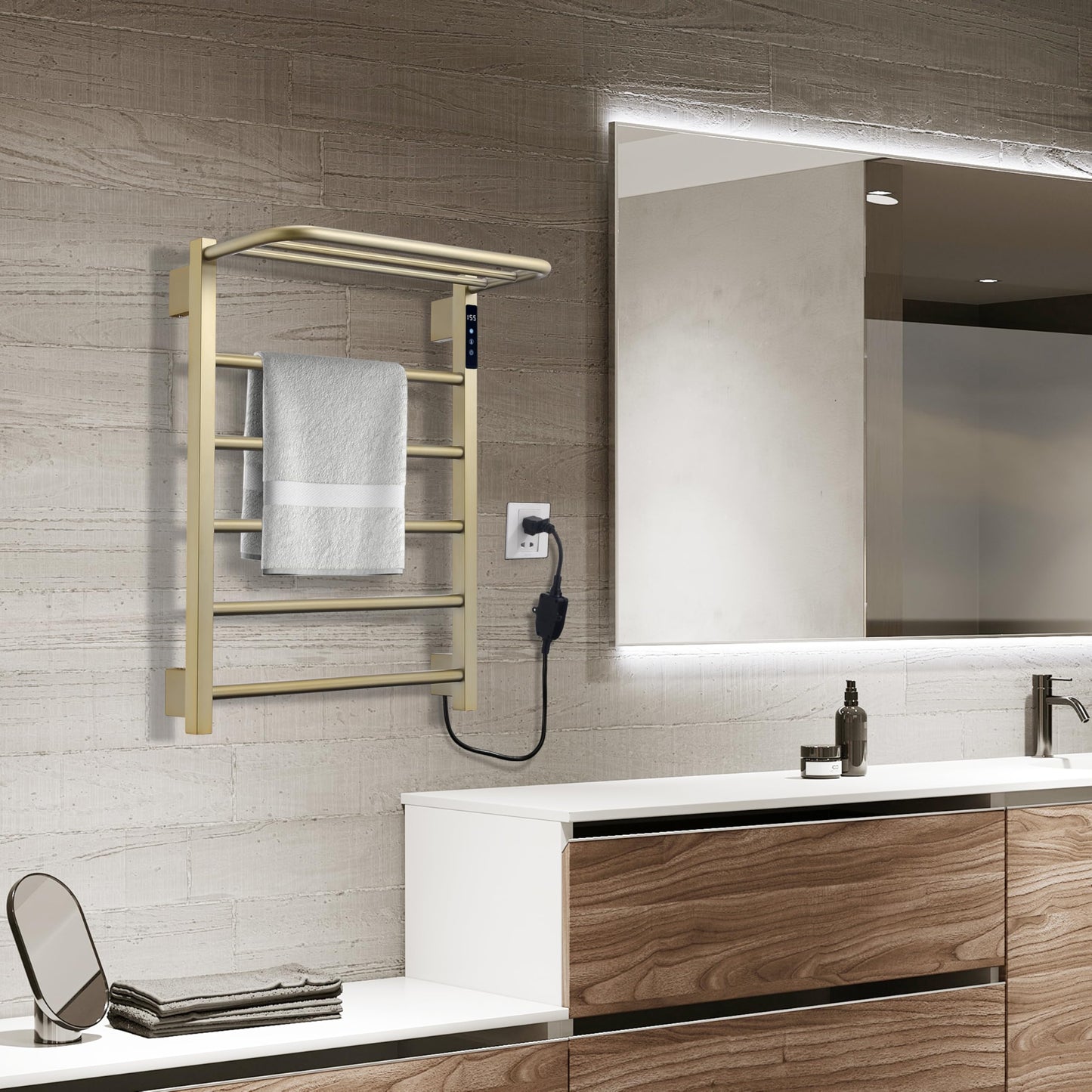 KOOTTI Heated Towel Racks for Bathroom, Hot Towel Warmer 5 Bars with 24hr Timer Stainless Steel Wall Mounted Electric Towel Warmers for Bathroom (Brushed Gold, 5-Bar)