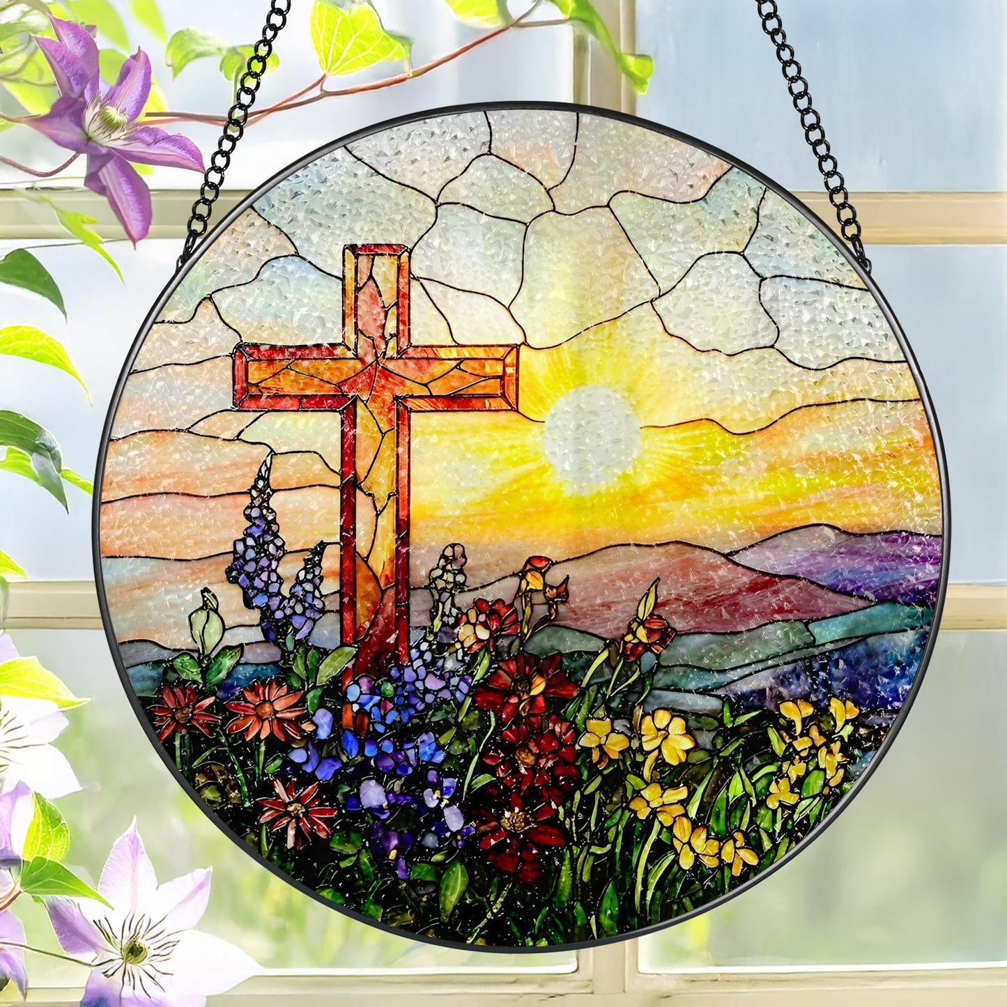 8 Inch Cross Sunset Suncatchers for Windows Hanging, Indoor Decor 8 Inch, Stained Glass Gift, Christian Gifts, Religious Gifts, Christian Cross, Christmas Jesus Gift, Window Decor