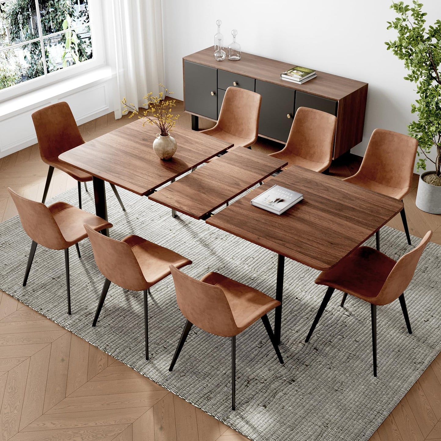 HIPIHOM 63"- 78.7" Extendable Dining Table Set for 8, Modern Kitchen Table with Dining Chairs for 6-8 Person, Thickened Expandable MDF Wooden Table with Metal Leg for Dining Room, Kitchen, Living Room