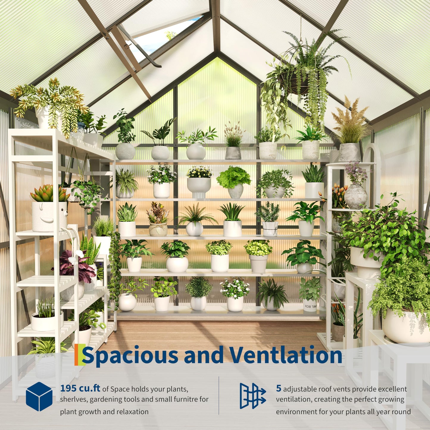 6X6FT Walk-in Polycarbonate Greenhouse, Outdoor Weatherproof Greenhouse Kit with Adjustable Roof Vent, Sliding Door & Gutter Drainage, Portable Green House for Patio Backyard Winter Gardening