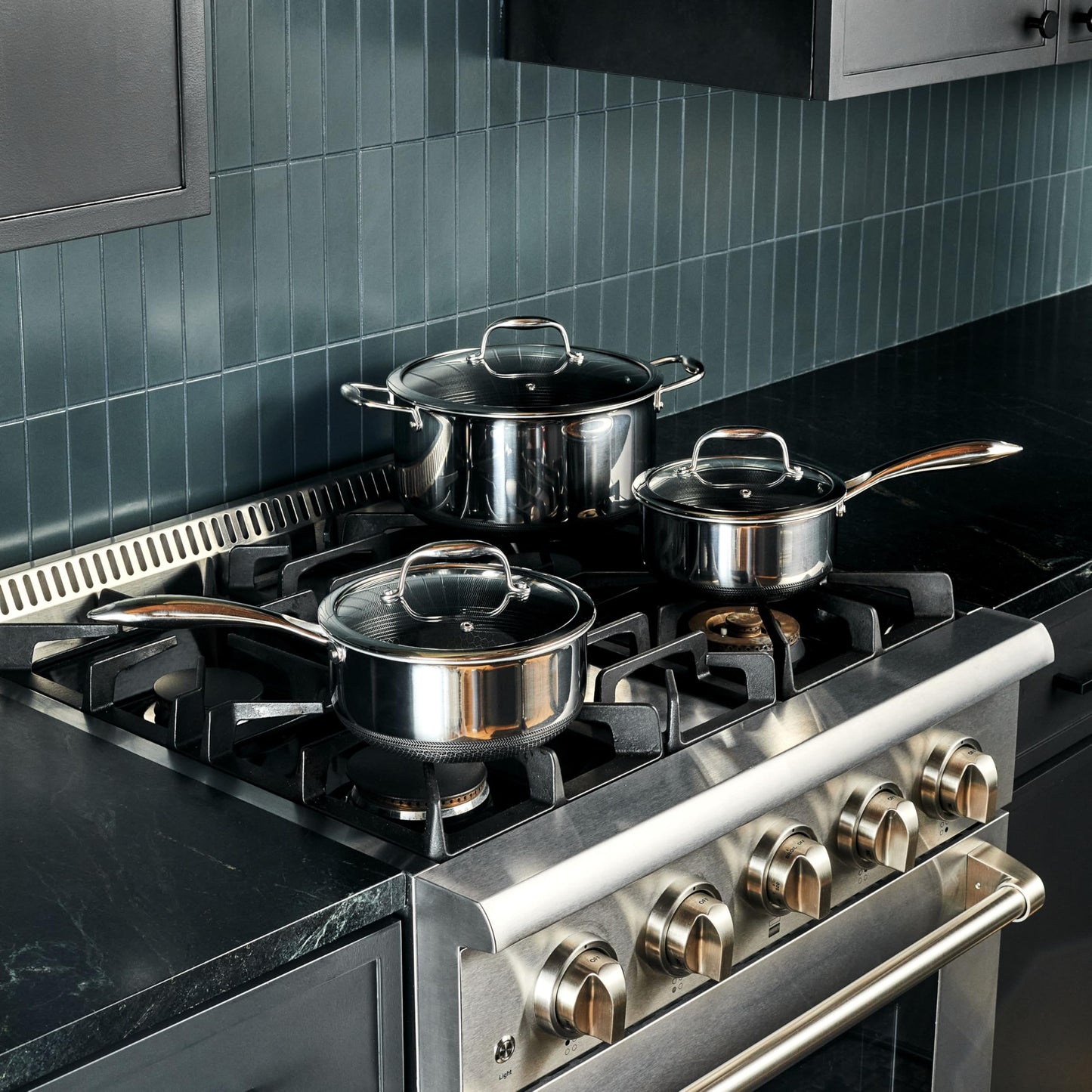 HexClad Hybrid Nonstick 6-Piece Pot Set with 2 Silicone Trivets, 2, 3, and 8-Quart Pots with Tempered Glass Lids, Stay-Cool Handles, Dishwasher-Friendly, Induction Ready, Compatible with All Cooktops