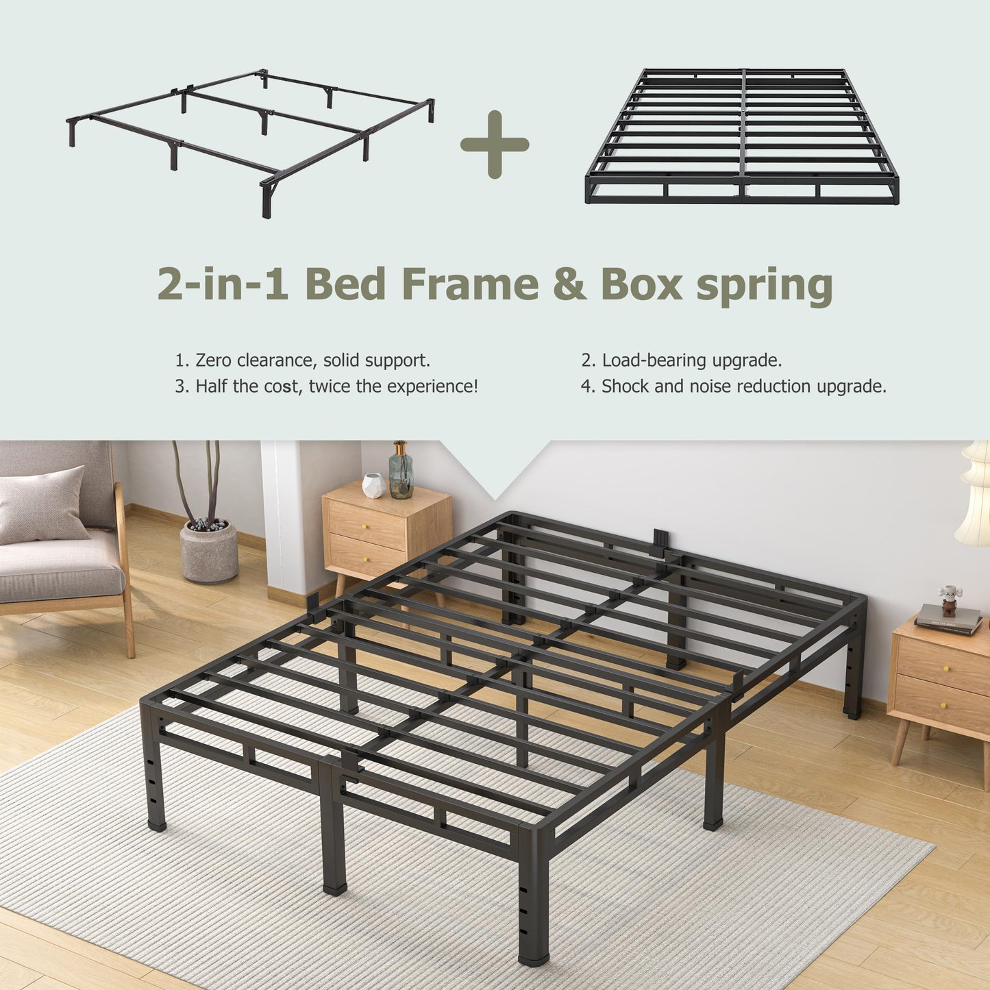 NKZ Queen Size Bed Frame 14 Inch, Metal Bed Frame & Box Spring 2 in 1 Platform with Round Corner Legs, 4000lbs Weight Capacity Reinforced Metal Frame, Headboard Hole, Noise-Free, Easy Assembly