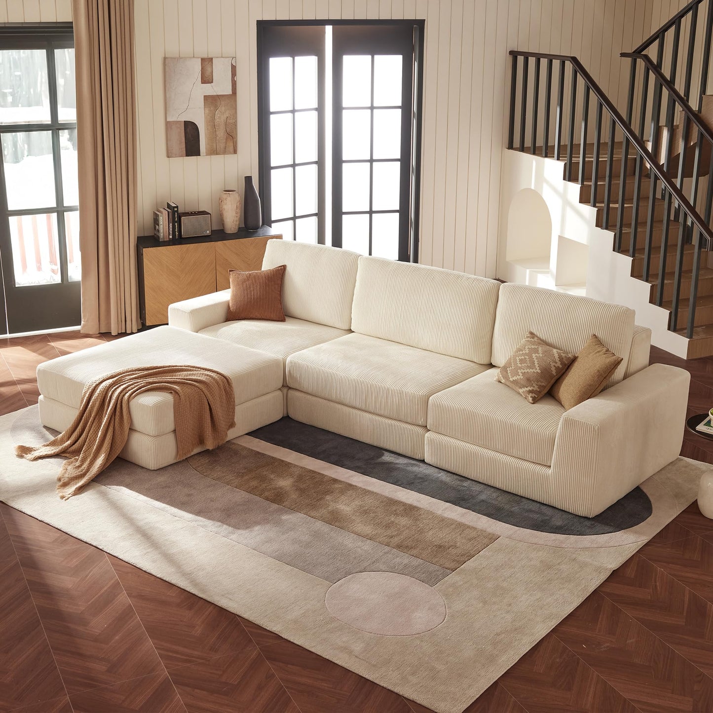 Modular Sectional Sofa, 120.47" Modern Cloud Couch Sectional Sofa with L-Shaped Chaise Comfy Corduroy Fluffy Couch with Deep Seat Boneless Couches for Living Room Bedroom, Beige