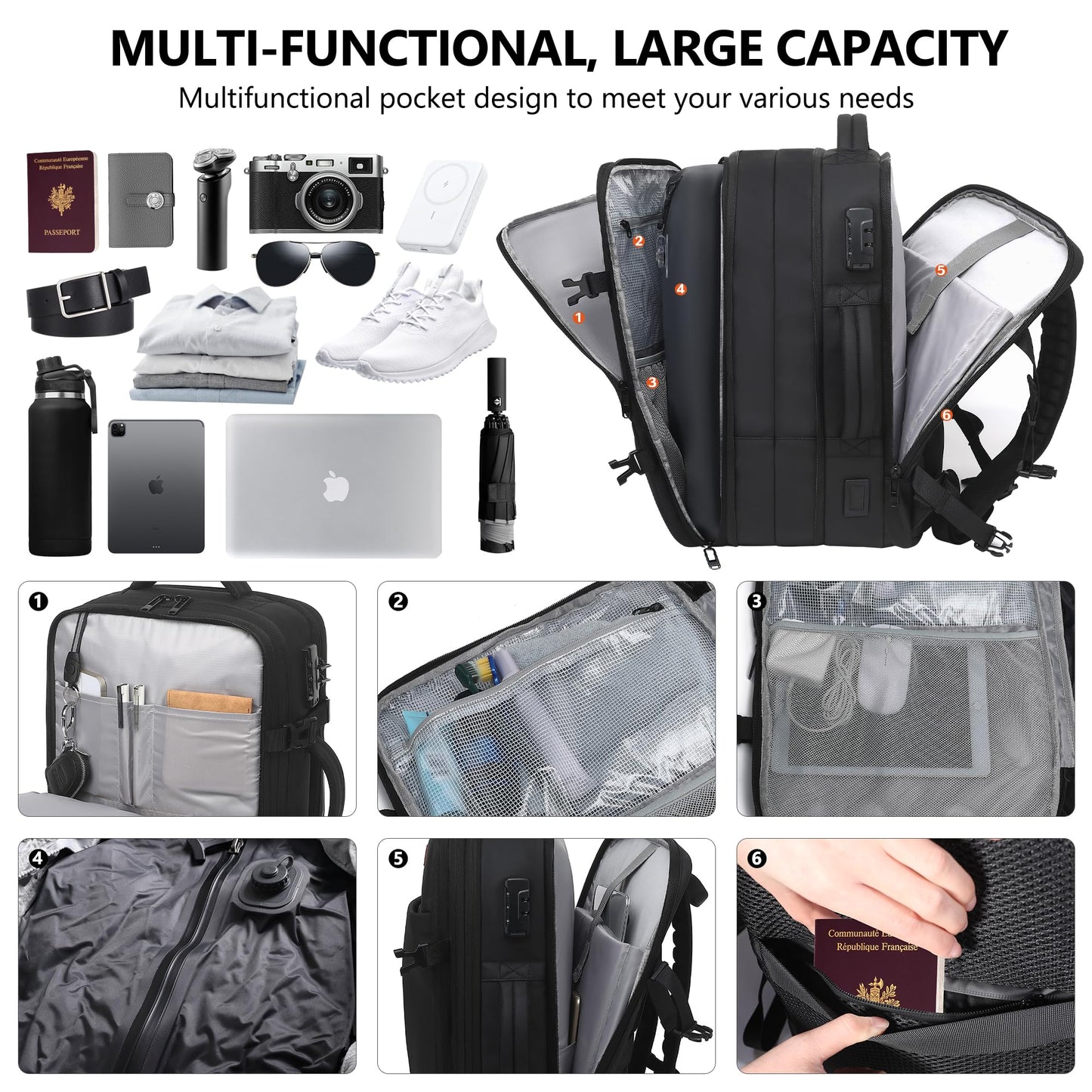 Vacuum Backpack Travel with Pump, Large 80L Exapandable Air Compression Vacuum System, Available Boarding, Carry on Luggage, Water Resistant, TSA Lock and Strong Sealing Airbag for Travel, Black