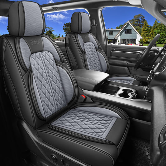 DuDuWang Car Seat Cover Custom Fit for Dodge Ram 1500 2500 3500 2002-2026 Faux Leather Seat Cover Set Compatible with Crew Quad Regular Cab Pickup Truck Cushions (Black & Grey, Full Set, Curved Rear)