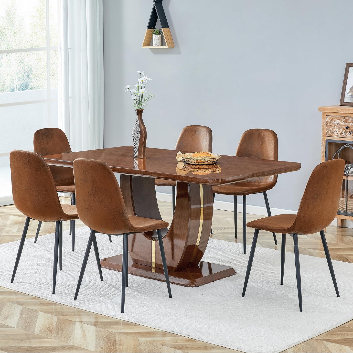 JUFU Modern Dining Table Set for 6, 63'' Kitchen Table Set with Faux Marble Tabletop and 4 PU Leather Upholstered 0501 Brown Chairs, Dinner Table Set for 6, Ideal for Dining Room and Kitchen